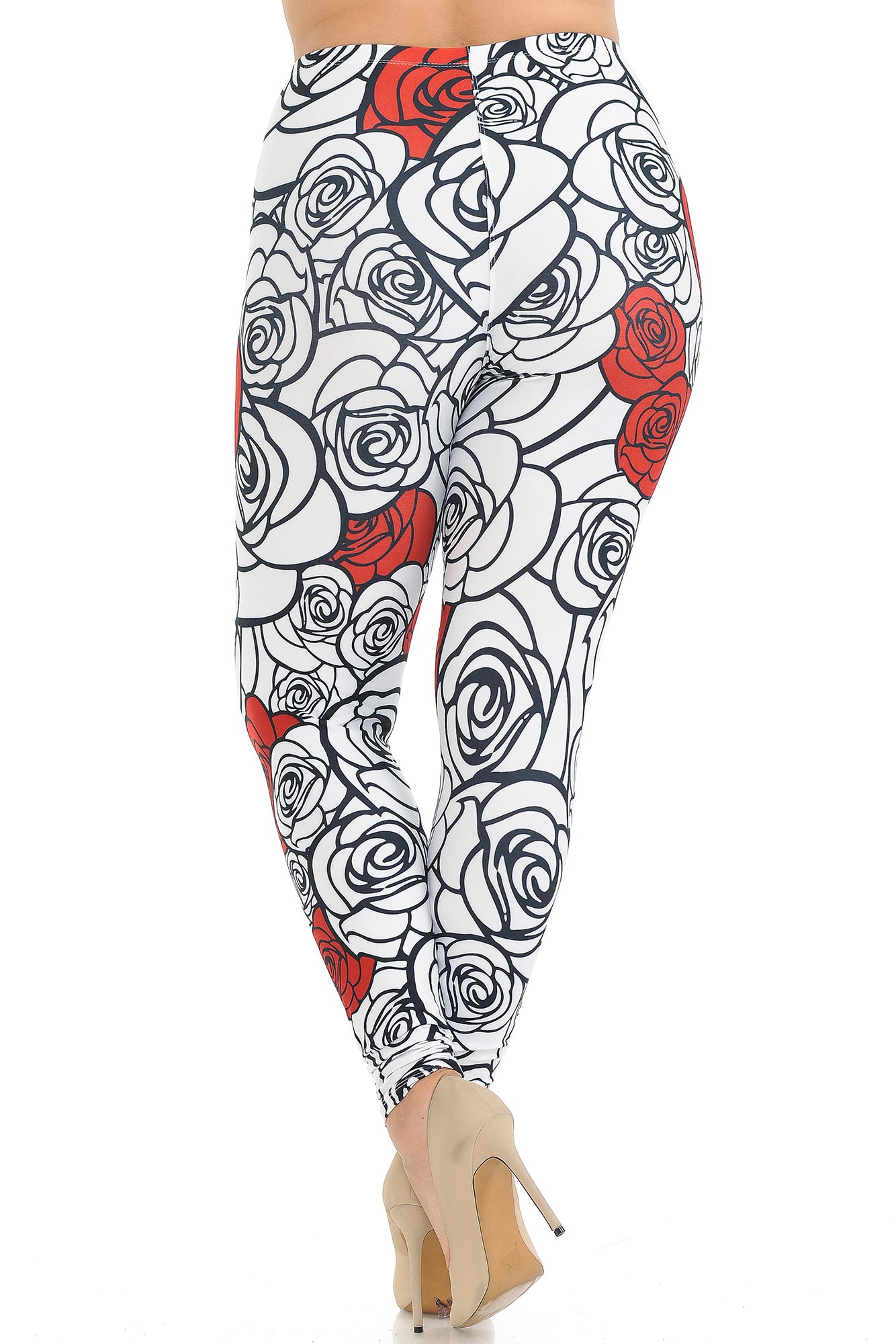 Creamy Soft Red Stencil Roses Extra Plus Size Leggings - 3X-5X - USA Fashion (XPlus One Size,White)