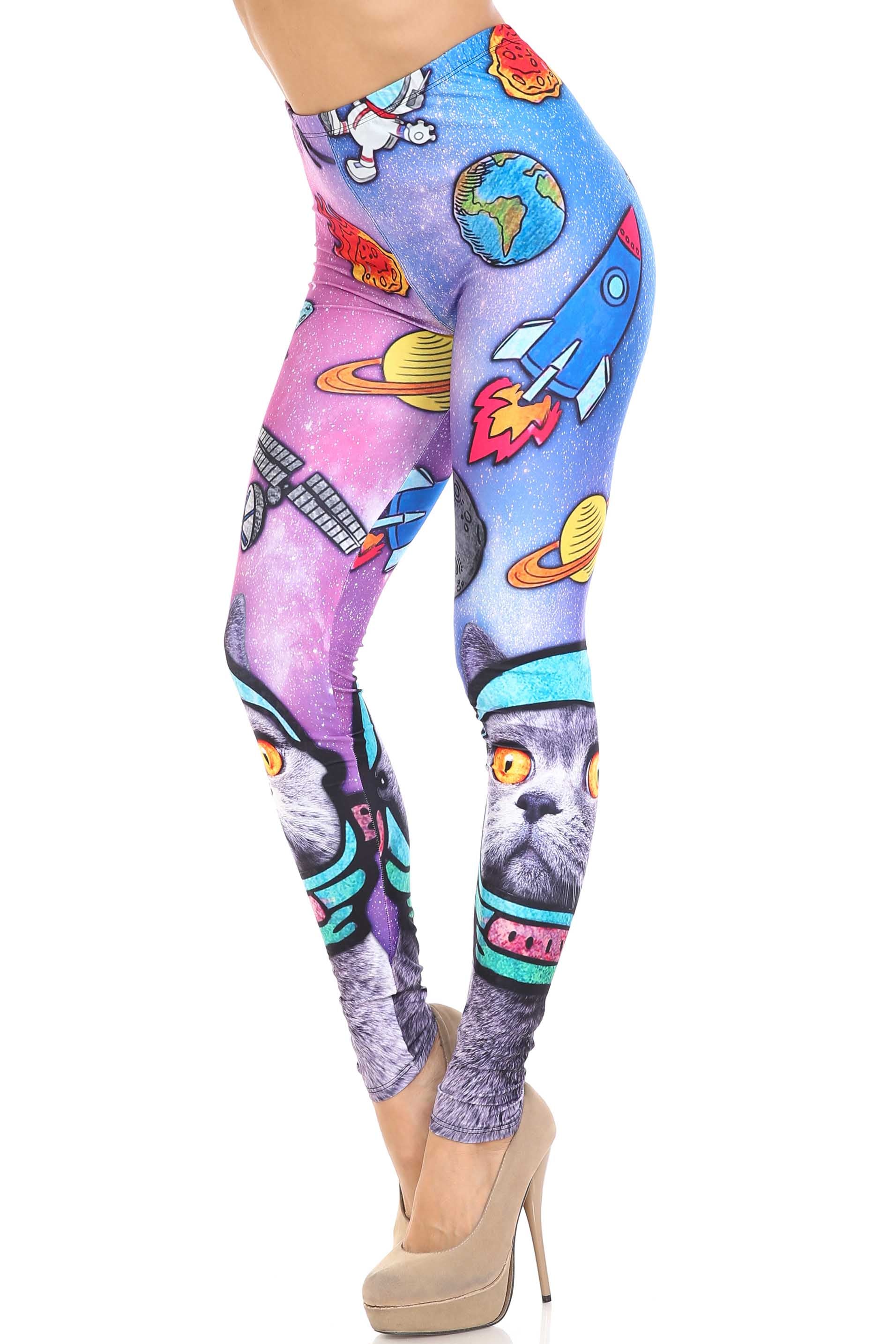 Creamy Soft Space Cat Extra Plus Size Leggings - 3X-5X - USA Fashion (XPlus One Size,Blue)