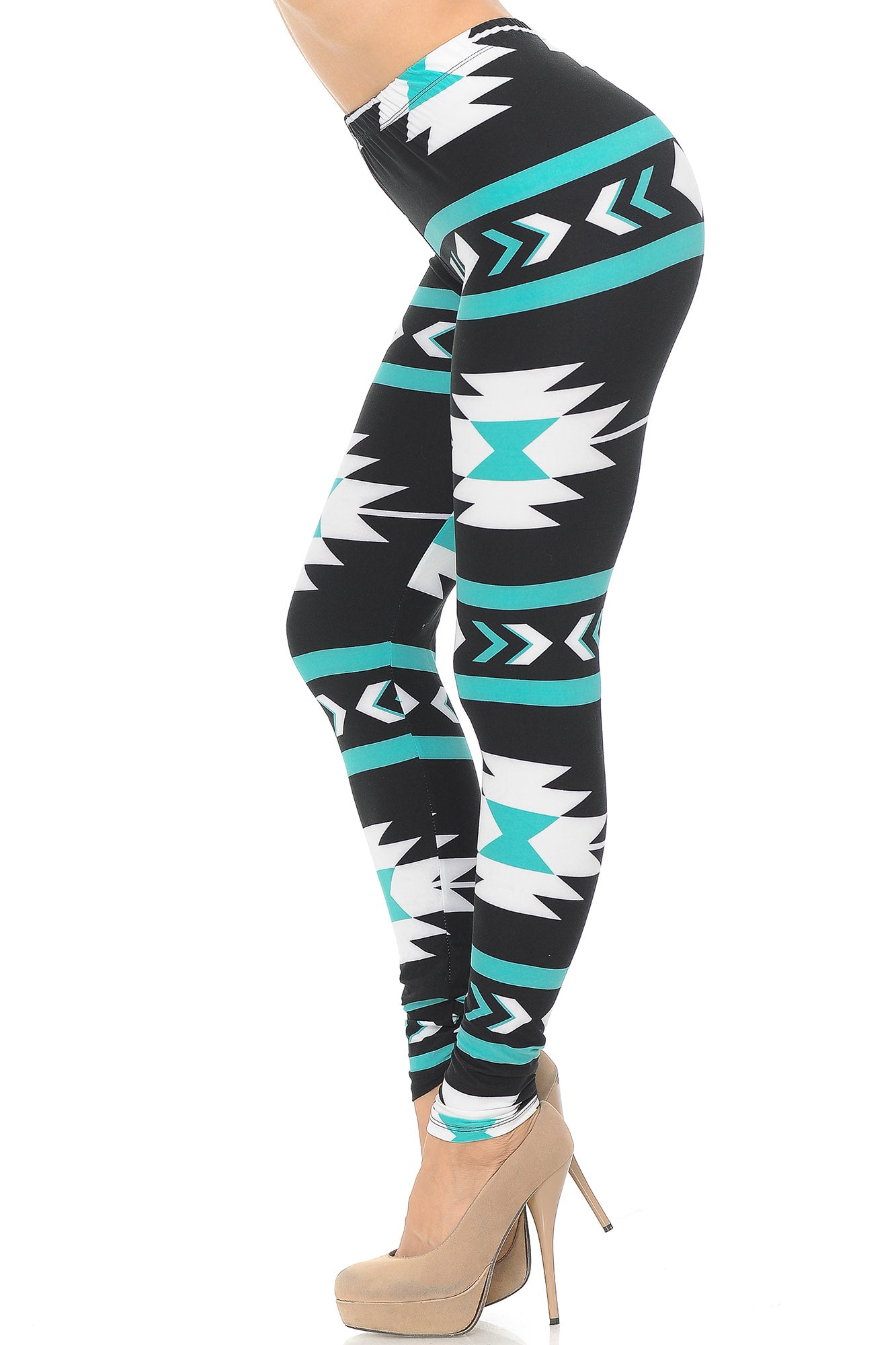 Buttery Soft Mint on Black Azteca Tribal Leggings (One Size Regular,Black)