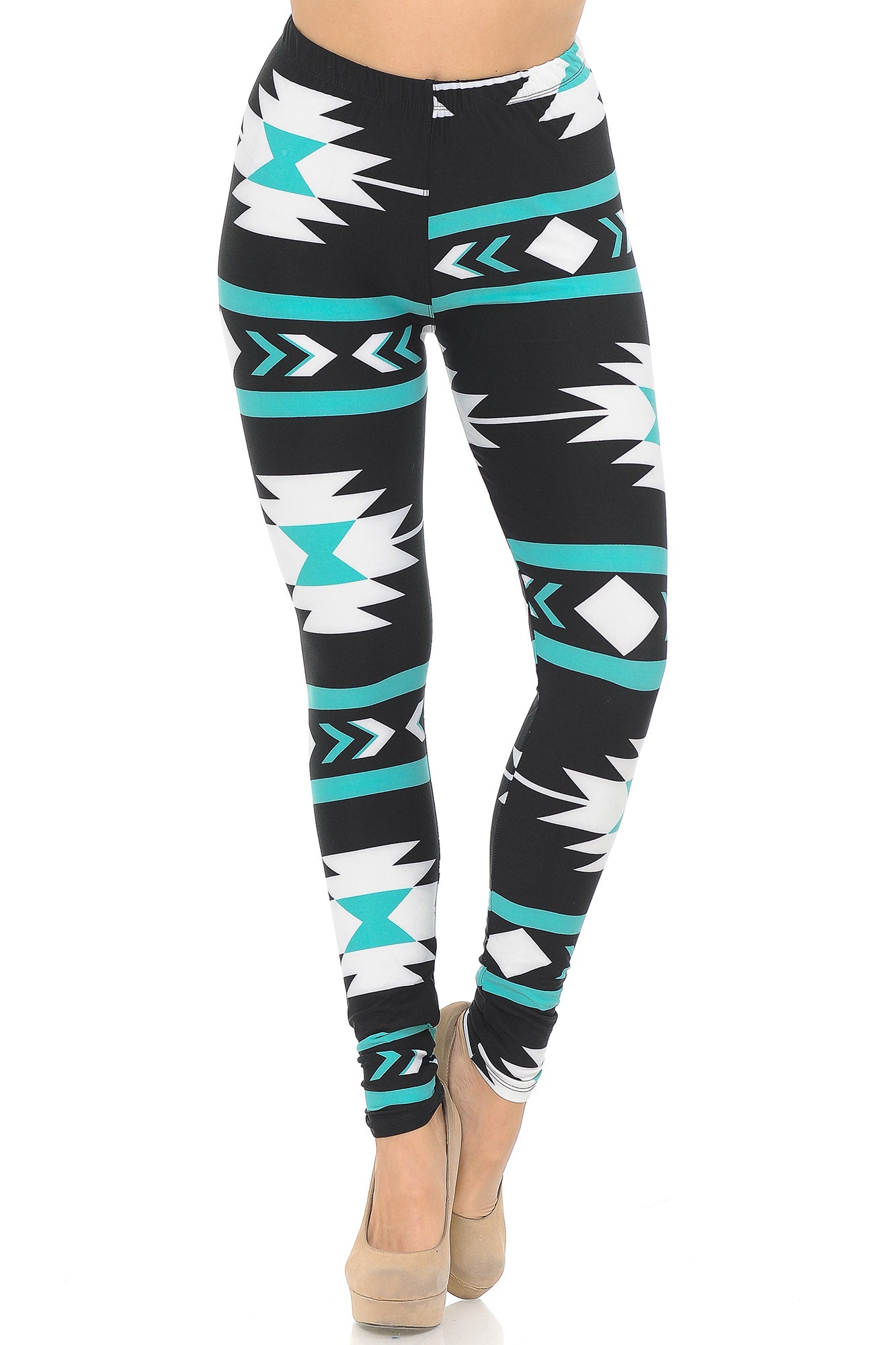 Buttery Soft Mint on Black Azteca Tribal Leggings (One Size Regular,Black)