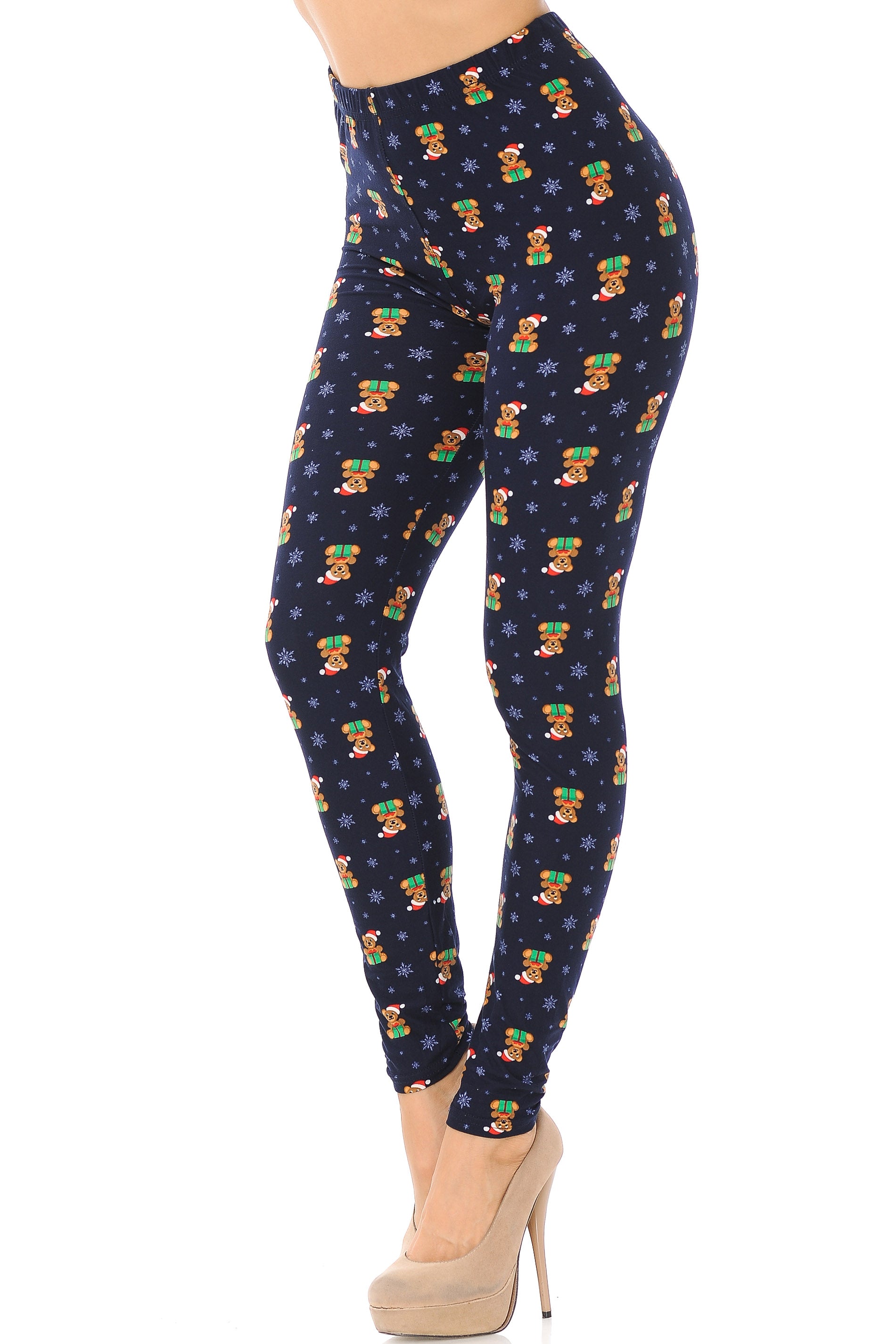 Buttery Soft Christmas Teddy Bears Leggings (One Size Regular,Navy)