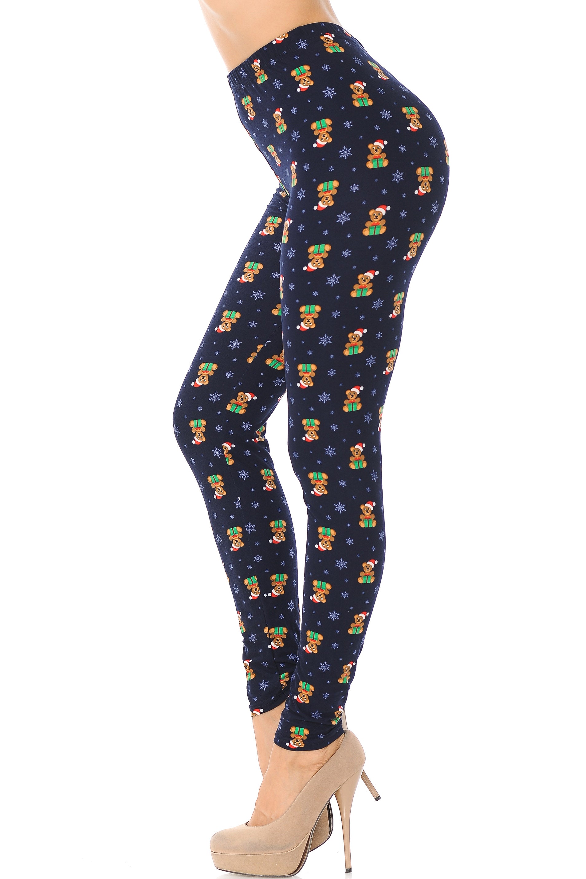 Buttery Soft Christmas Teddy Bears Leggings (One Size Regular,Navy)