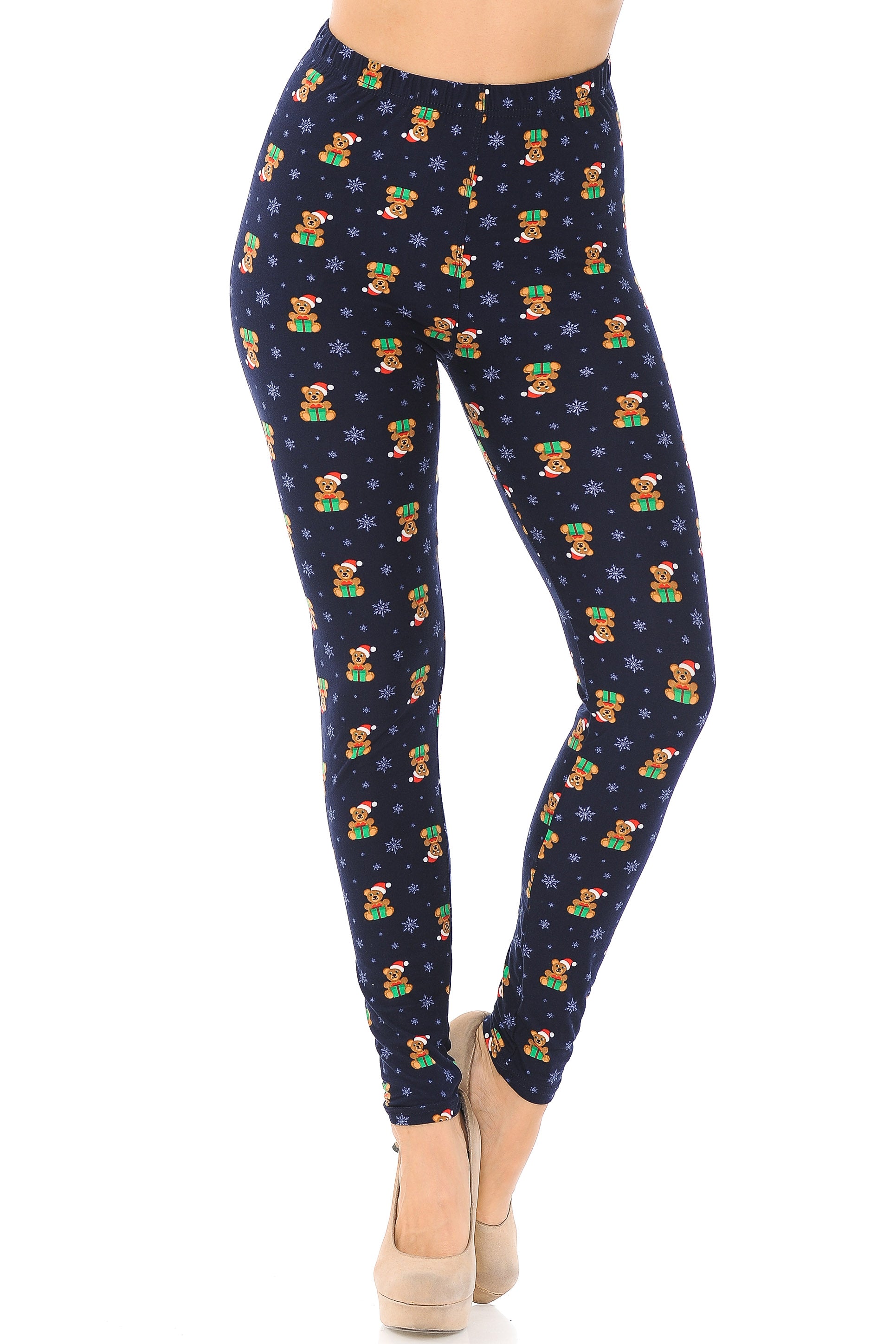 Buttery Soft Christmas Teddy Bears Leggings (One Size Regular,Navy)