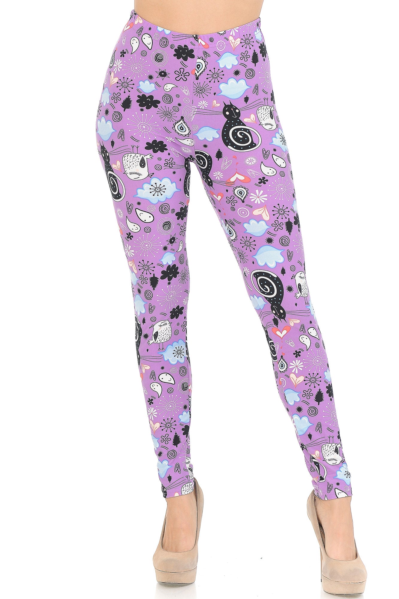 Buttery Soft Lavender Kitty Cats Leggings (One Size Regular,Purple)