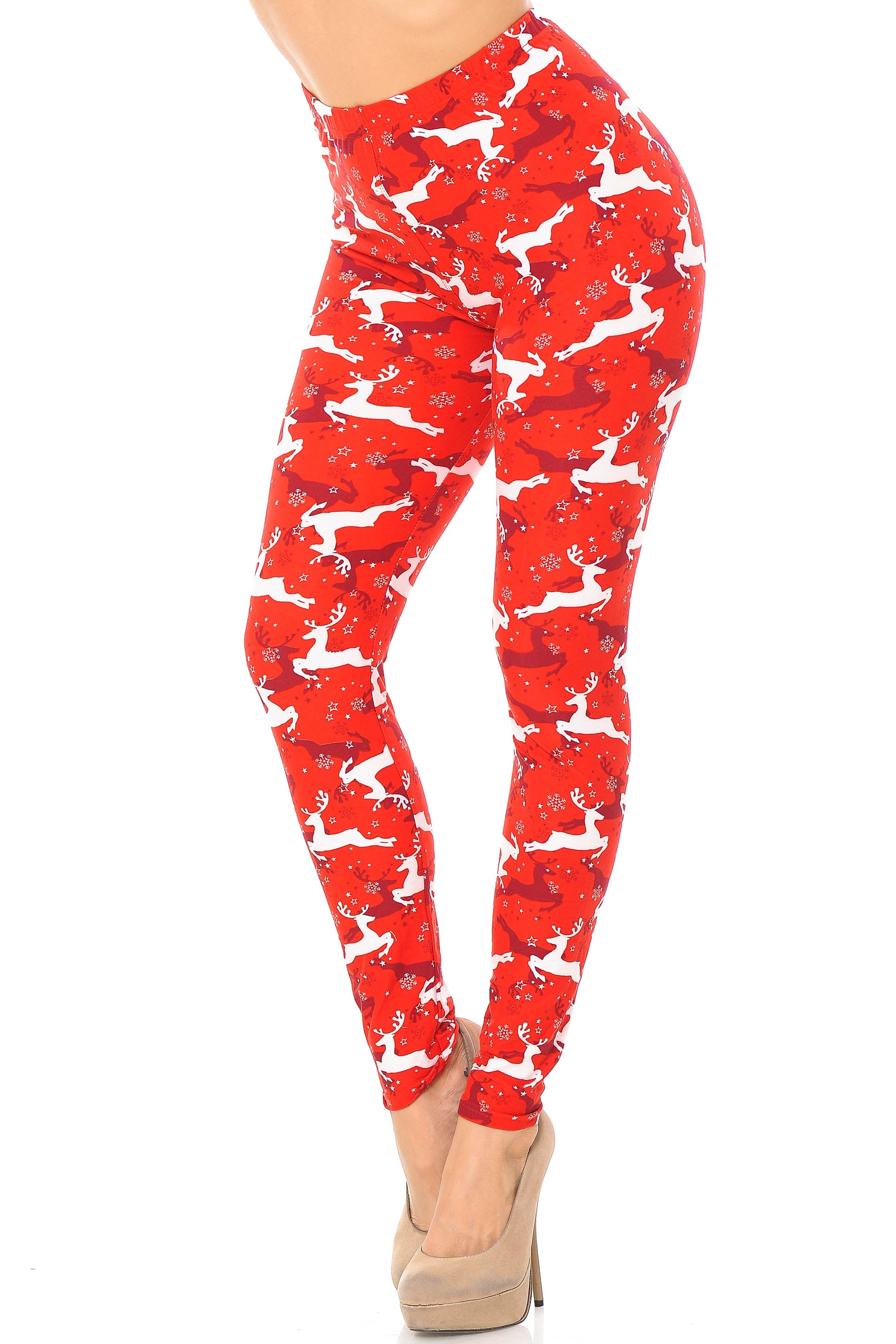Buttery Soft Ruby Red Leaping Reindeer Christmas Leggings (One Size Regular,Red)