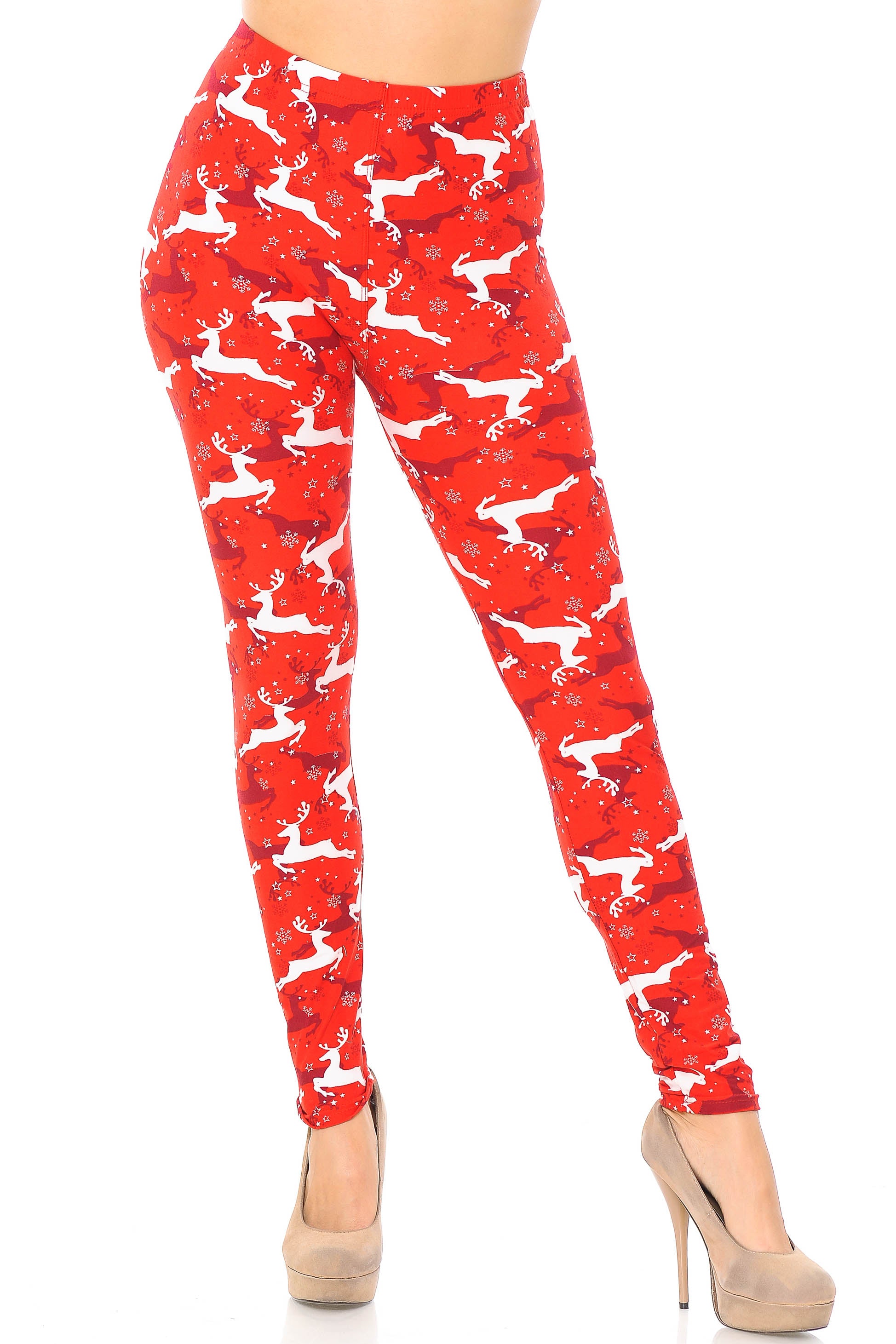 Buttery Soft Ruby Red Leaping Reindeer Christmas Leggings (One Size Regular,Red)