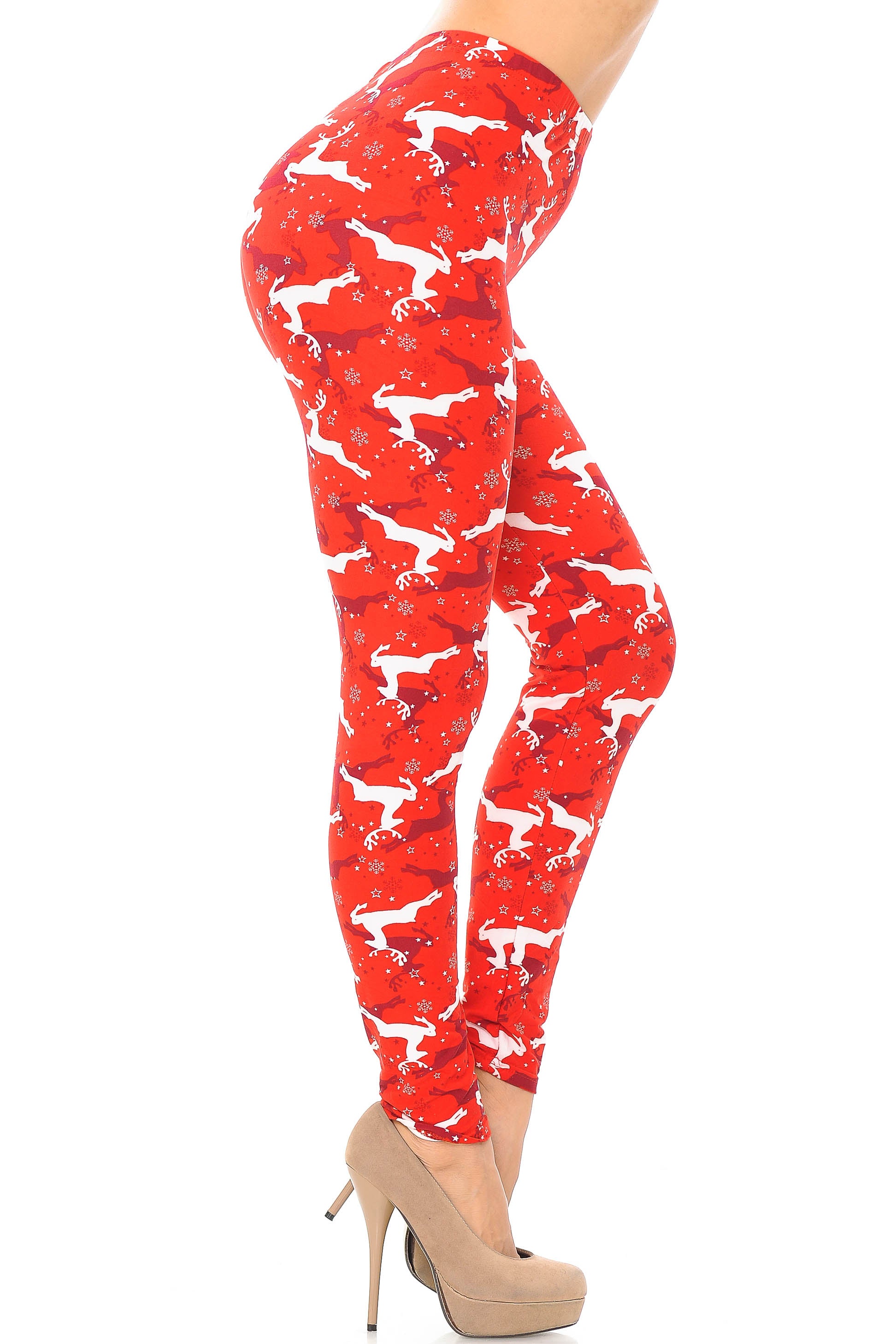 Buttery Soft Ruby Red Leaping Reindeer Christmas Leggings (One Size Regular,Red)
