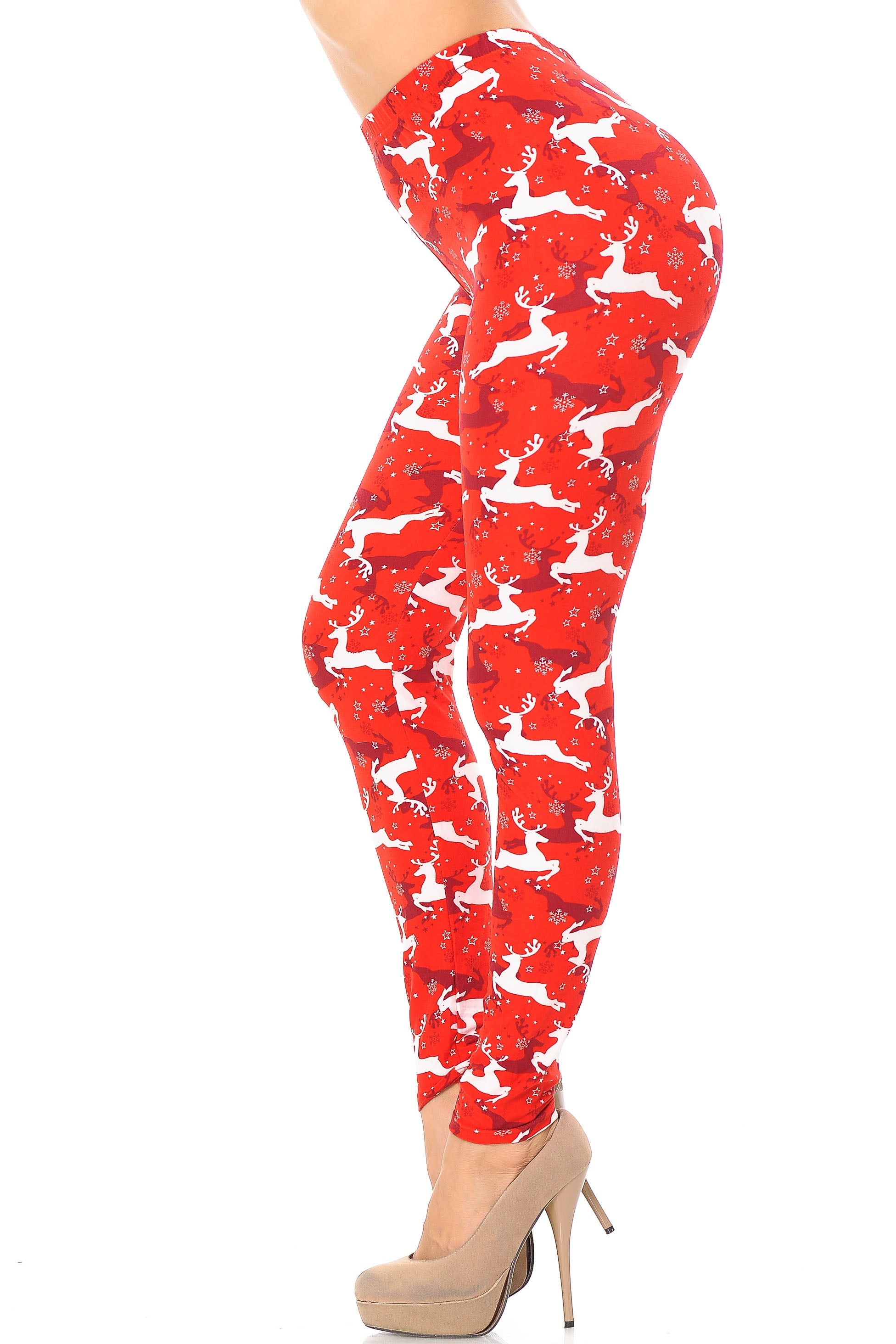 Buttery Soft Ruby Red Leaping Reindeer Christmas Leggings (One Size Regular,Red)