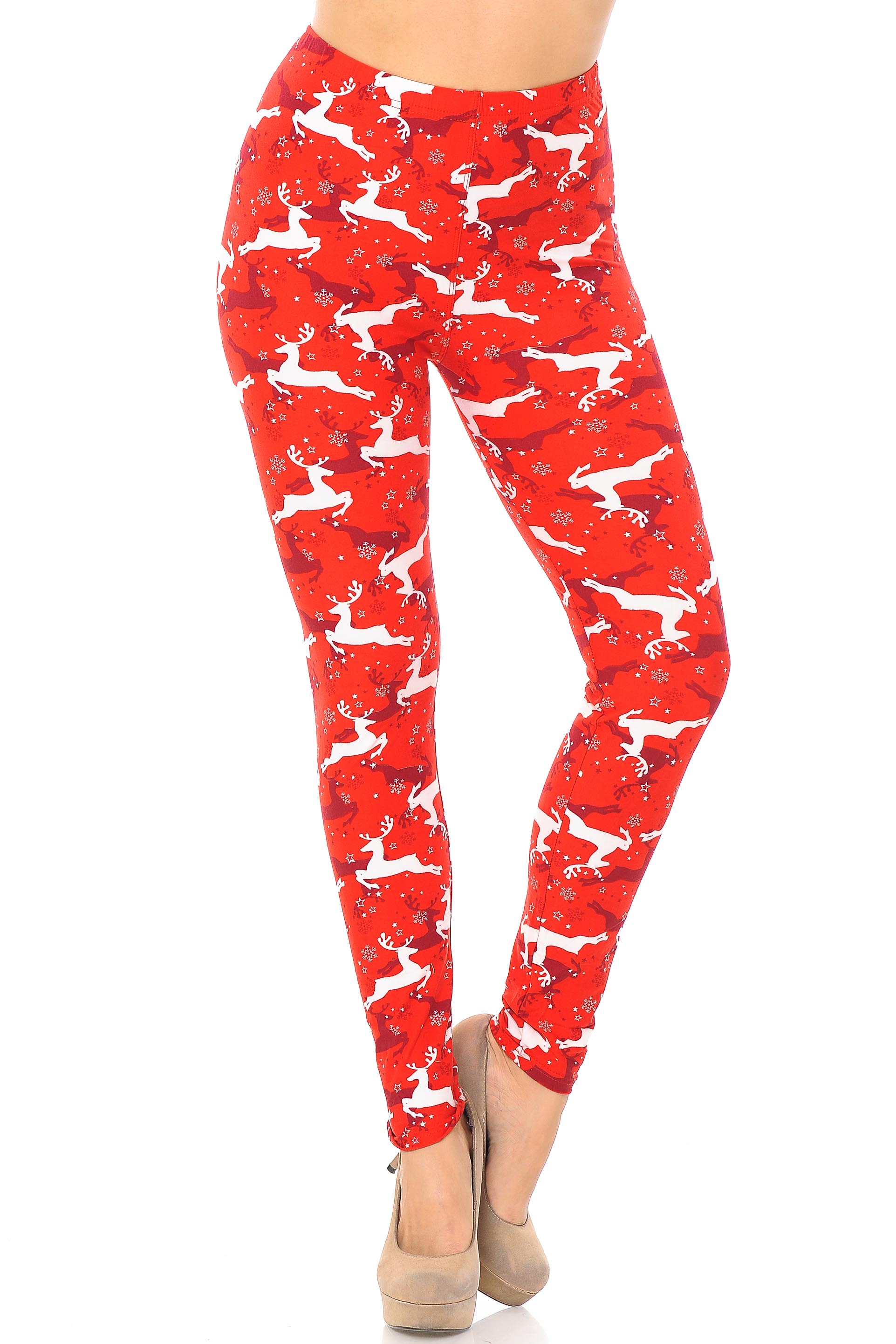 Buttery Soft Ruby Red Leaping Reindeer Christmas Leggings (One Size Regular,Red)