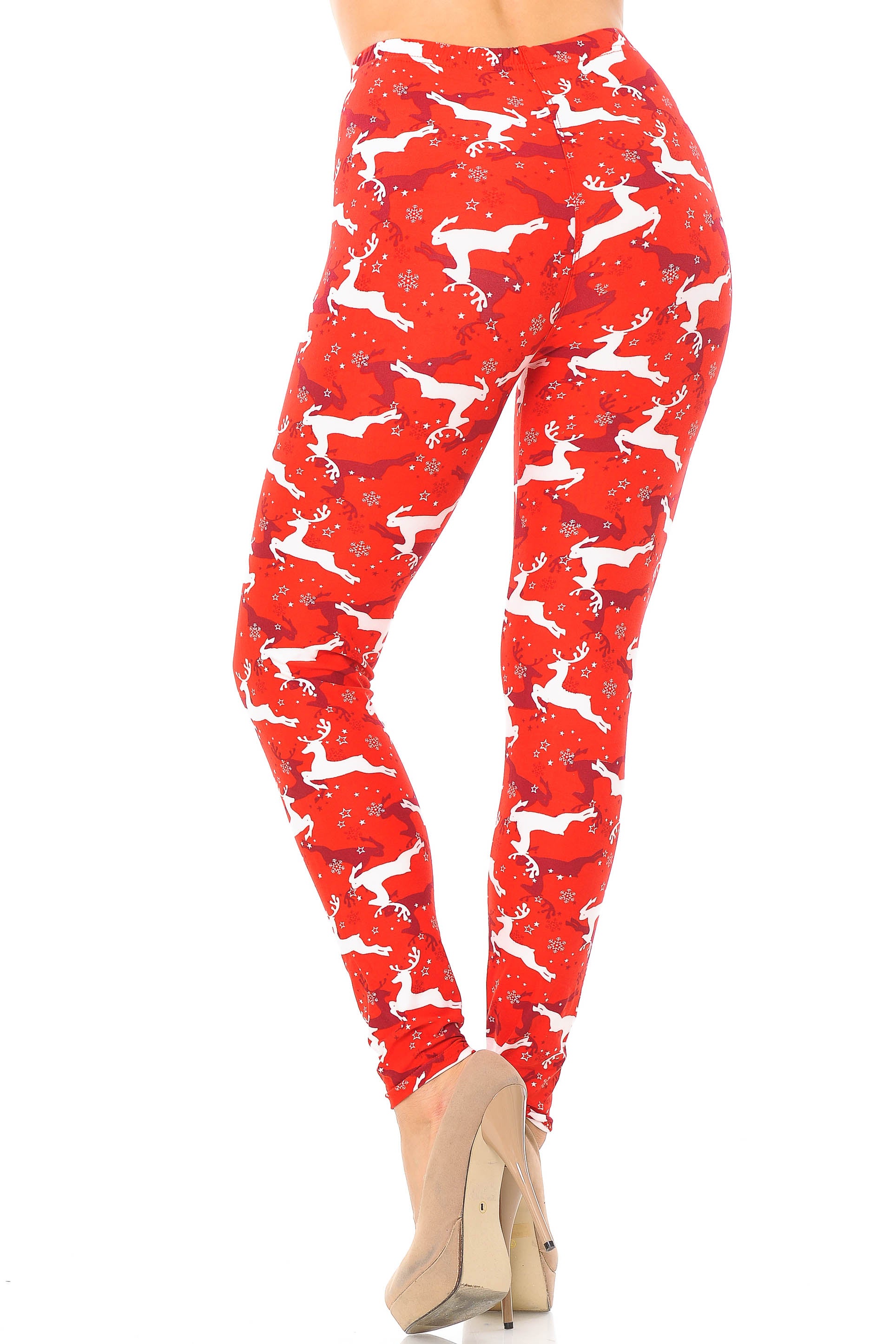 Buttery Soft Ruby Red Leaping Reindeer Christmas Leggings (One Size Regular,Red)