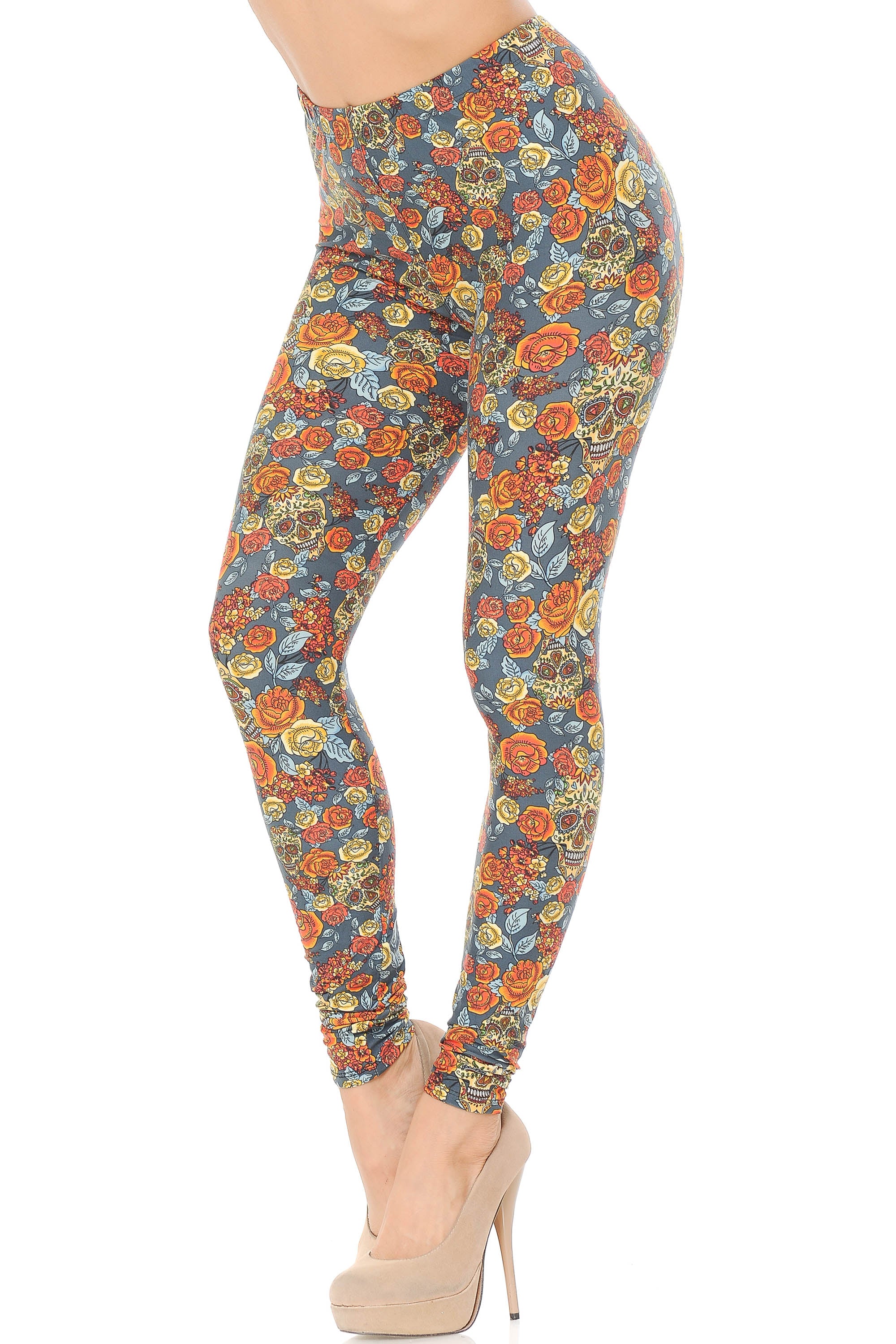 Buttery Soft Charcoal Rose and Skulls Leggings (One Size Regular,Charcoal)
