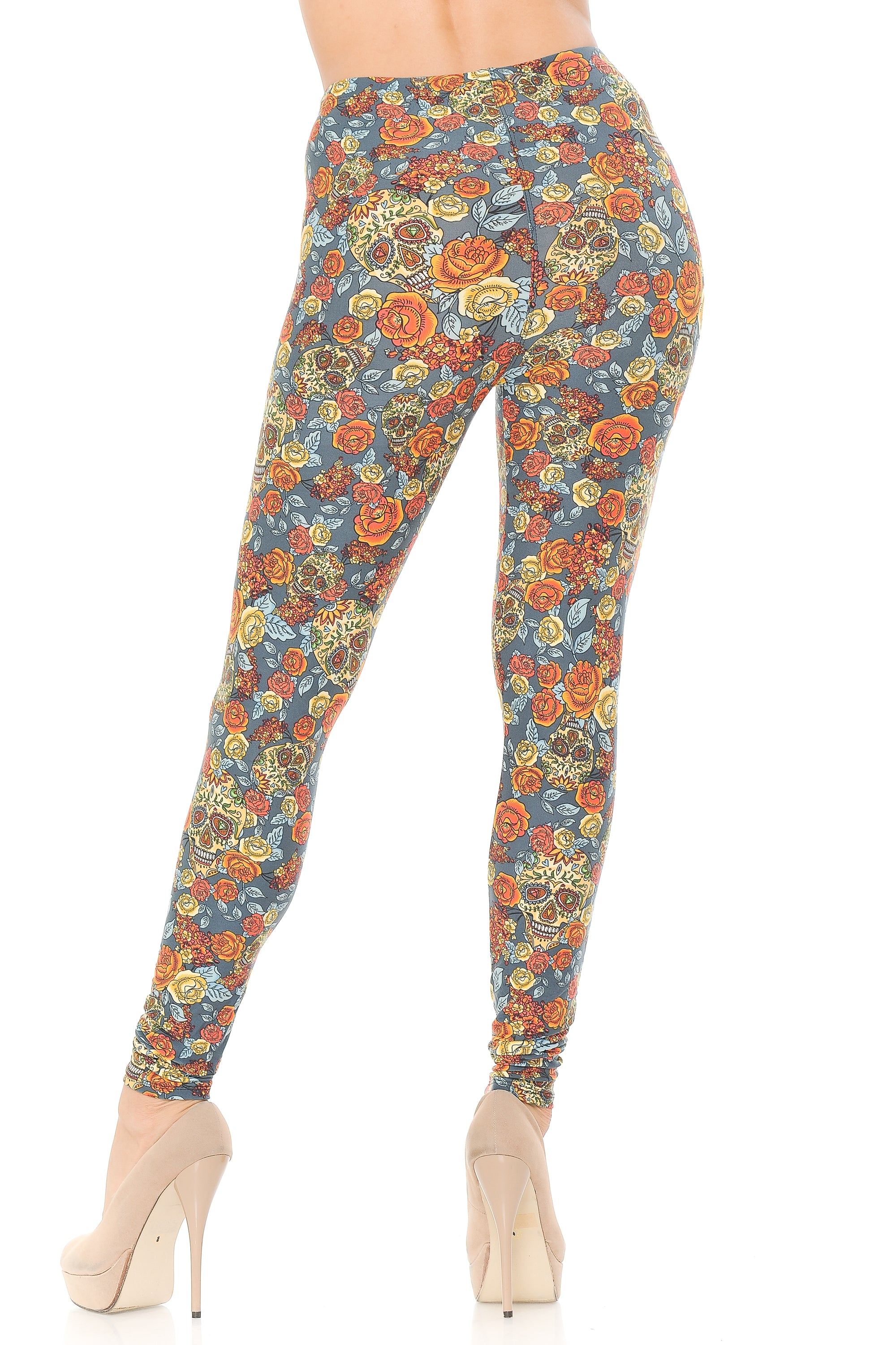 Buttery Soft Charcoal Rose and Skulls Leggings (One Size Regular,Charcoal)