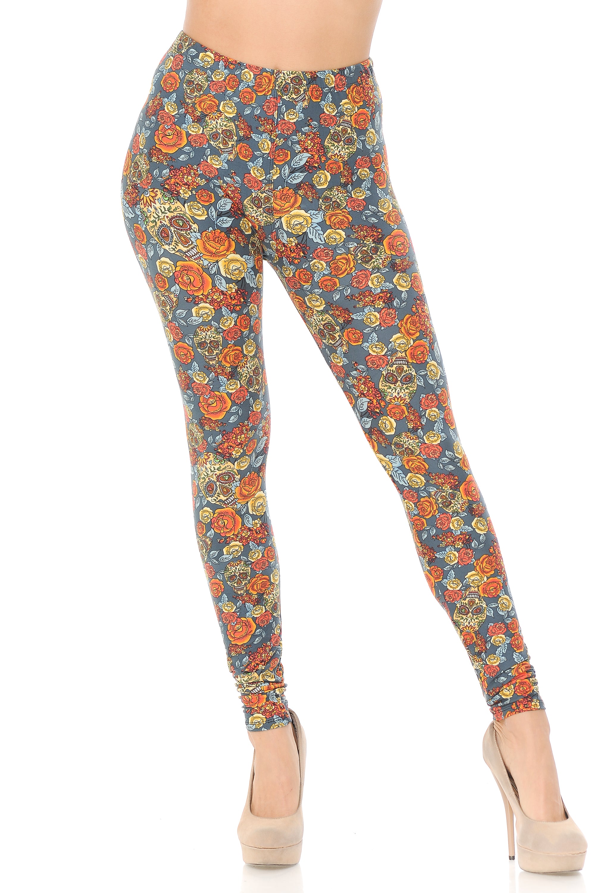 Buttery Soft Charcoal Rose and Skulls Leggings (One Size Regular,Charcoal)