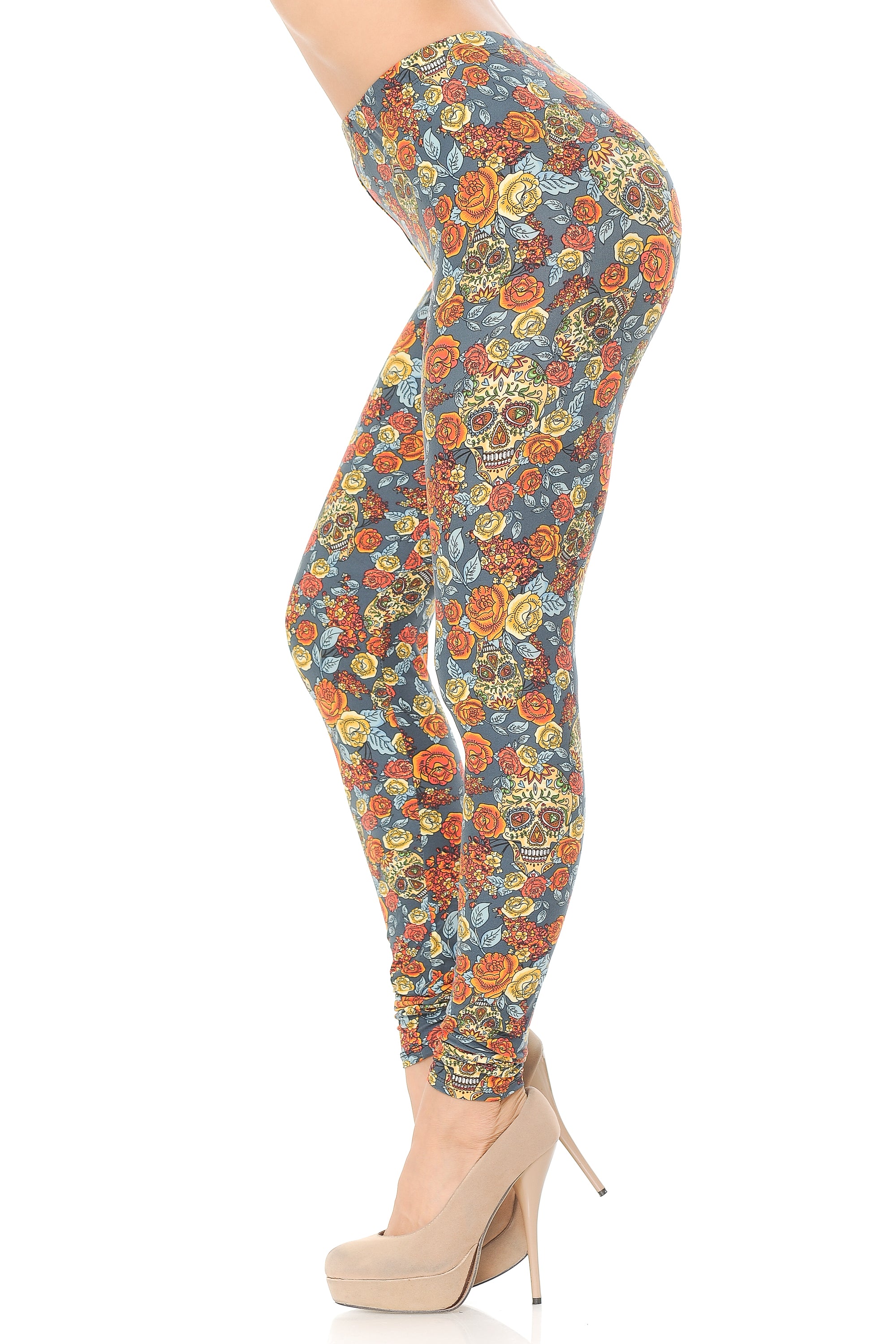 Buttery Soft Charcoal Rose and Skulls Leggings (One Size Regular,Charcoal)