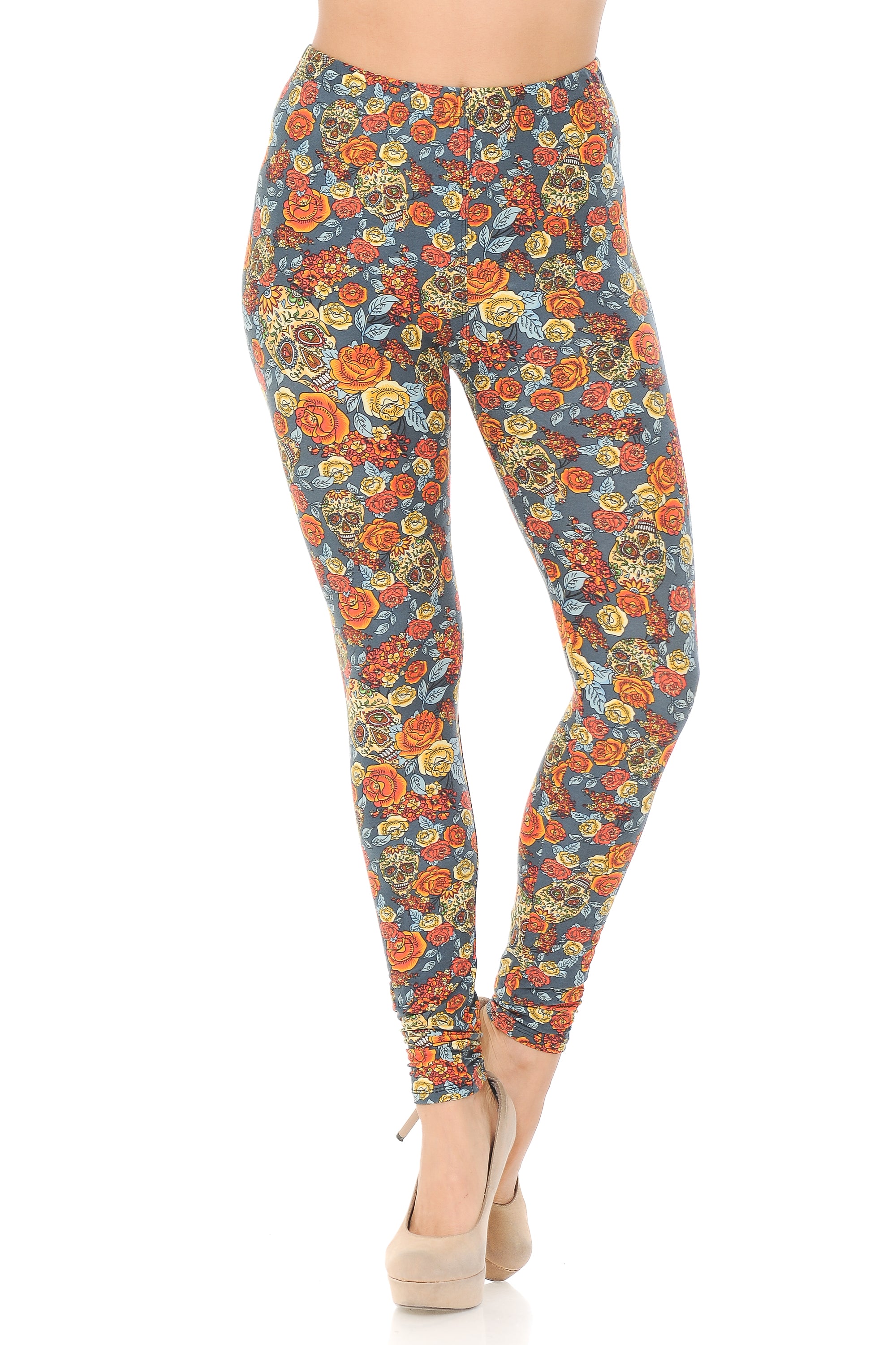 Buttery Soft Charcoal Rose and Skulls Leggings (One Size Regular,Charcoal)