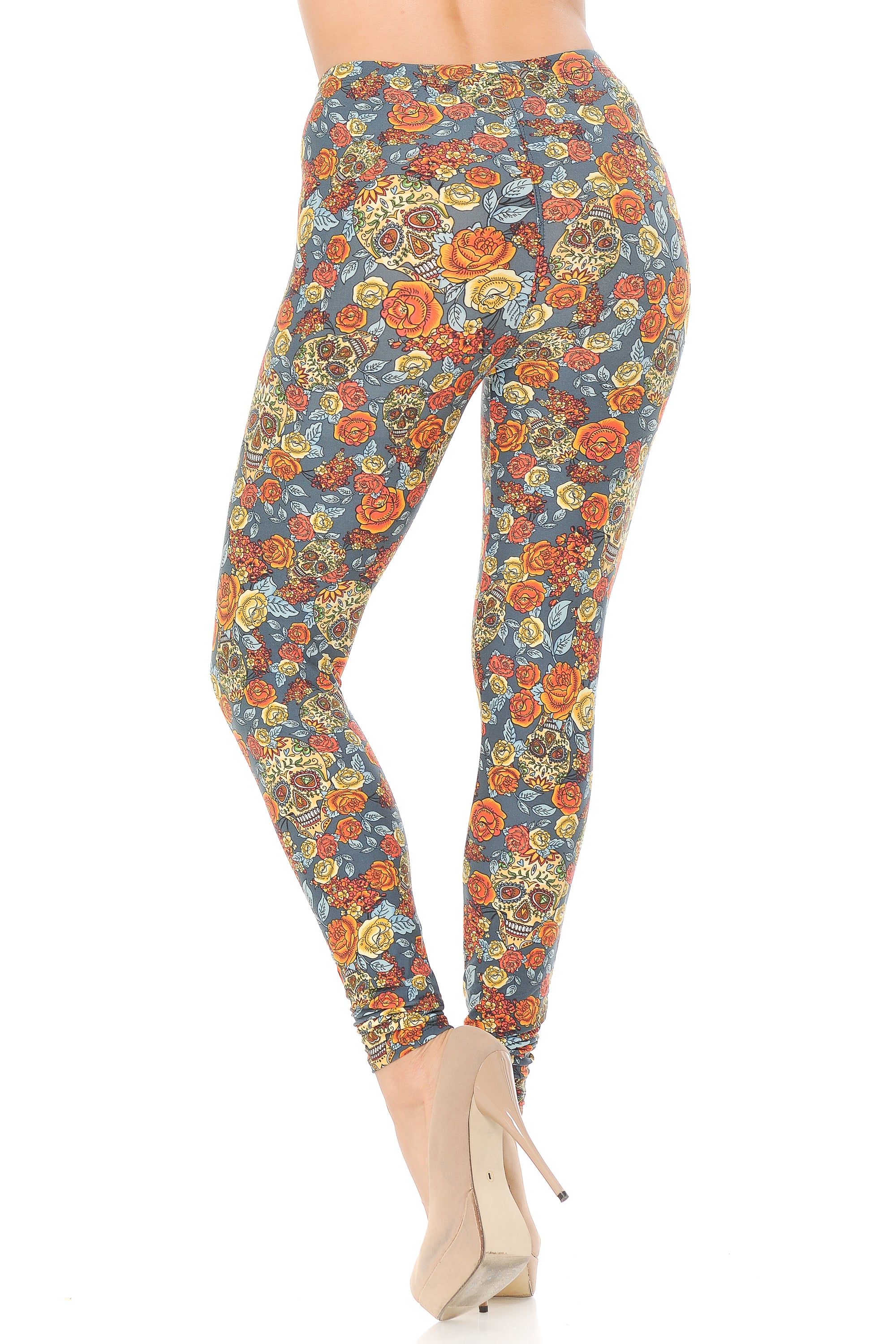 Buttery Soft Charcoal Rose and Skulls Leggings (One Size Regular,Charcoal)