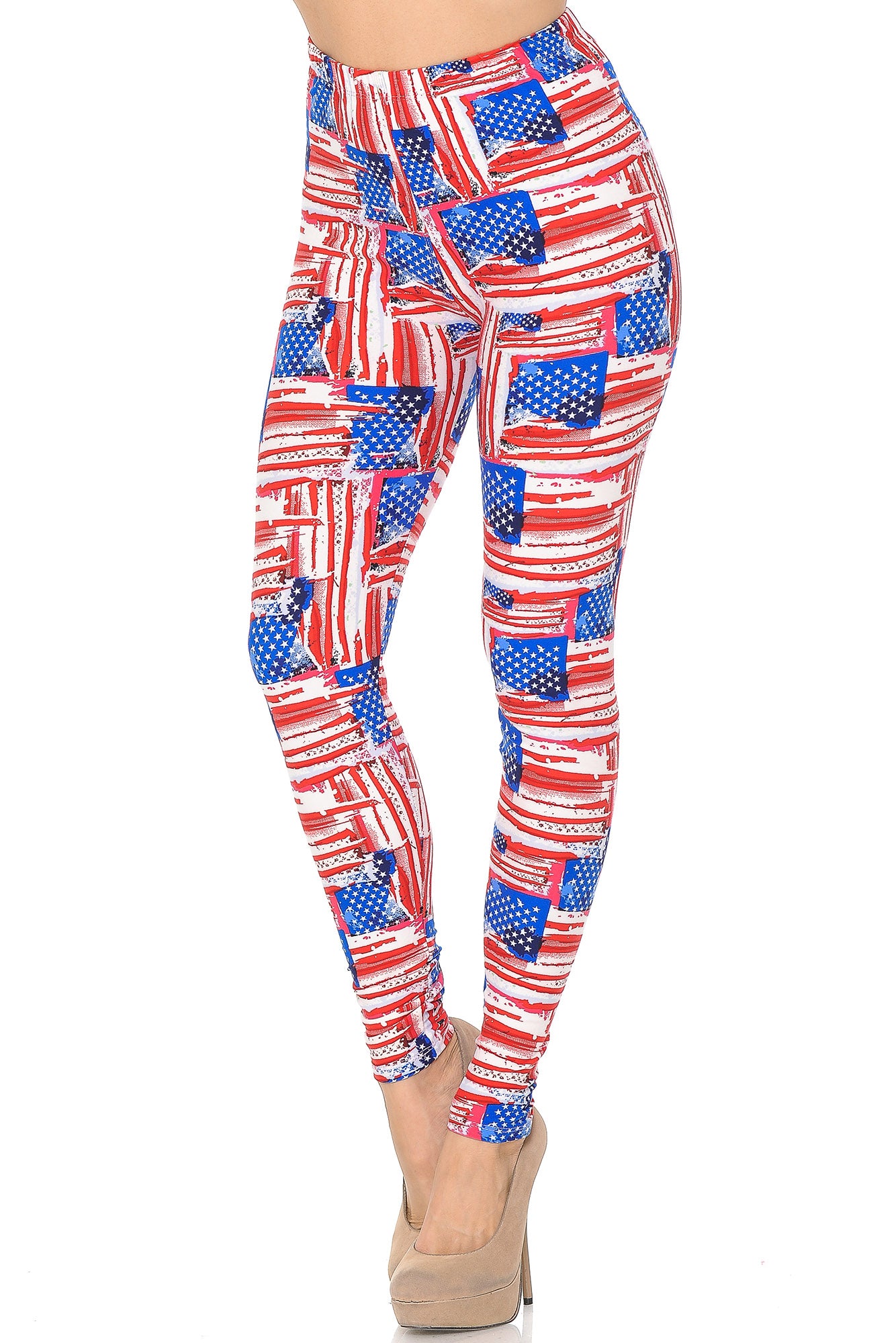 Buttery Soft Watercolor USA Flag Leggings (One Size Regular,Red)