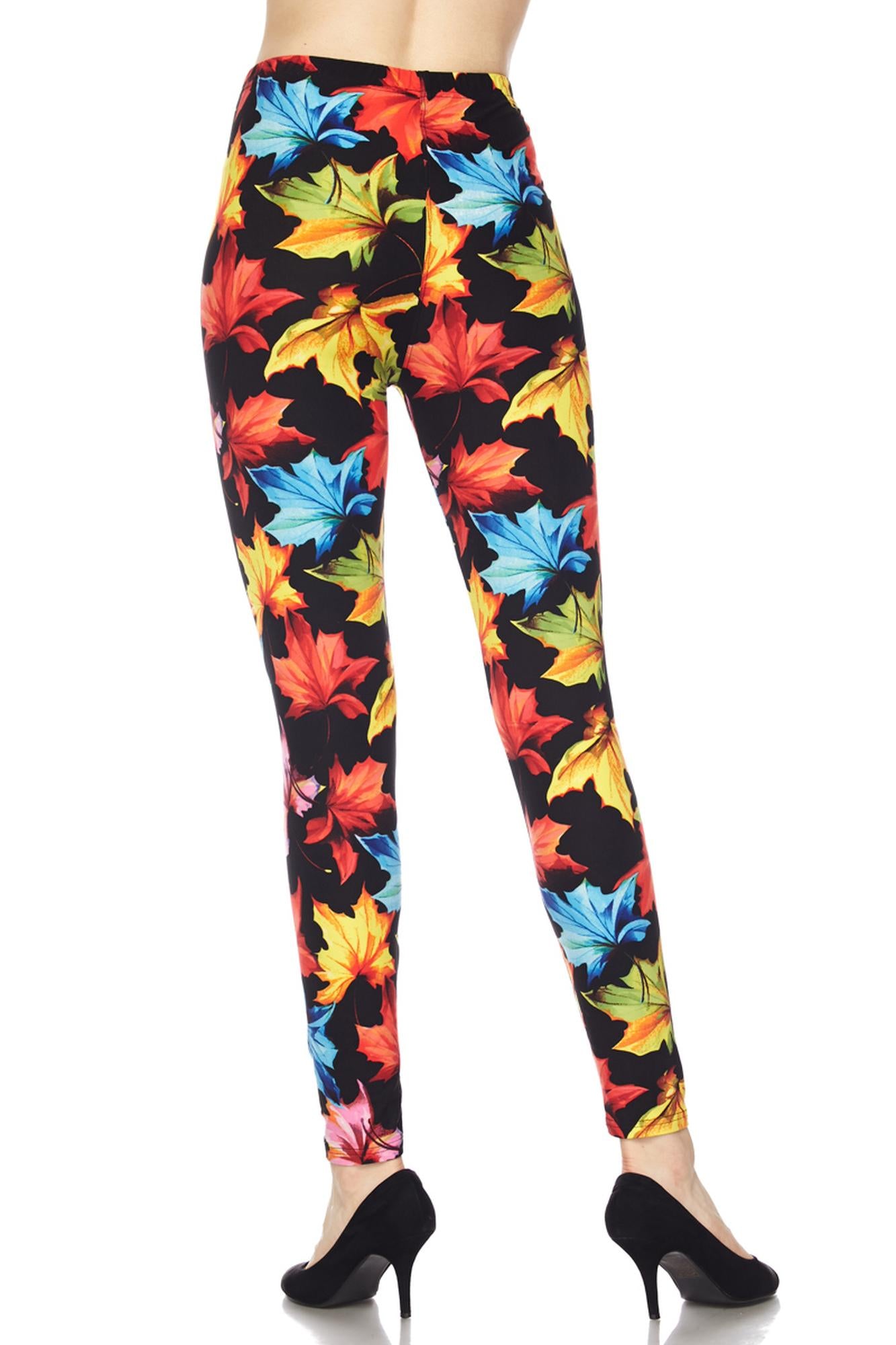 Buttery Soft Autumn Leaves Leggings (One Size Regular,Multi Color Bold)