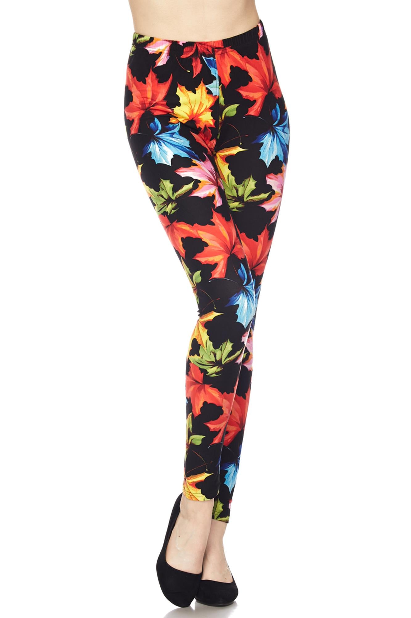 Buttery Soft Autumn Leaves Leggings (One Size Regular,Multi Color Bold)