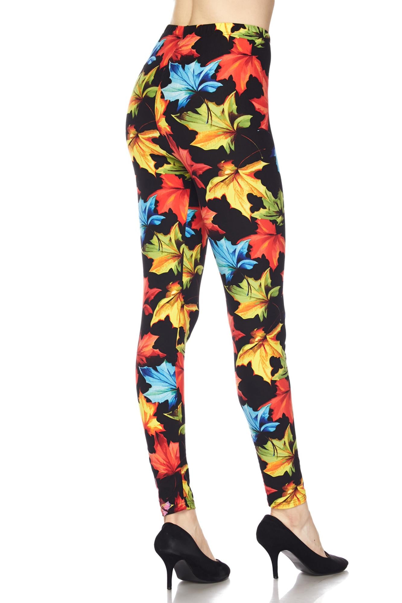 Buttery Soft Autumn Leaves Leggings (One Size Regular,Multi Color Bold)