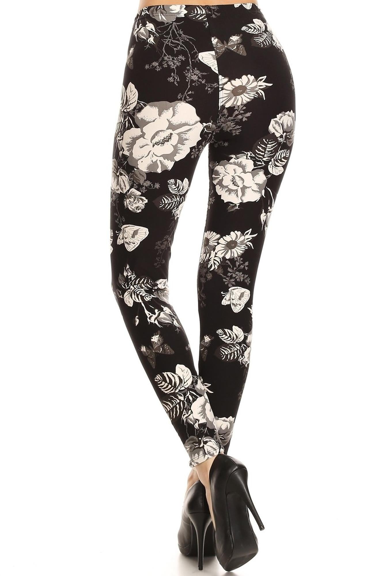 Buttery Monochrome Floral Terrace Leggings (One Size Regular,Black)