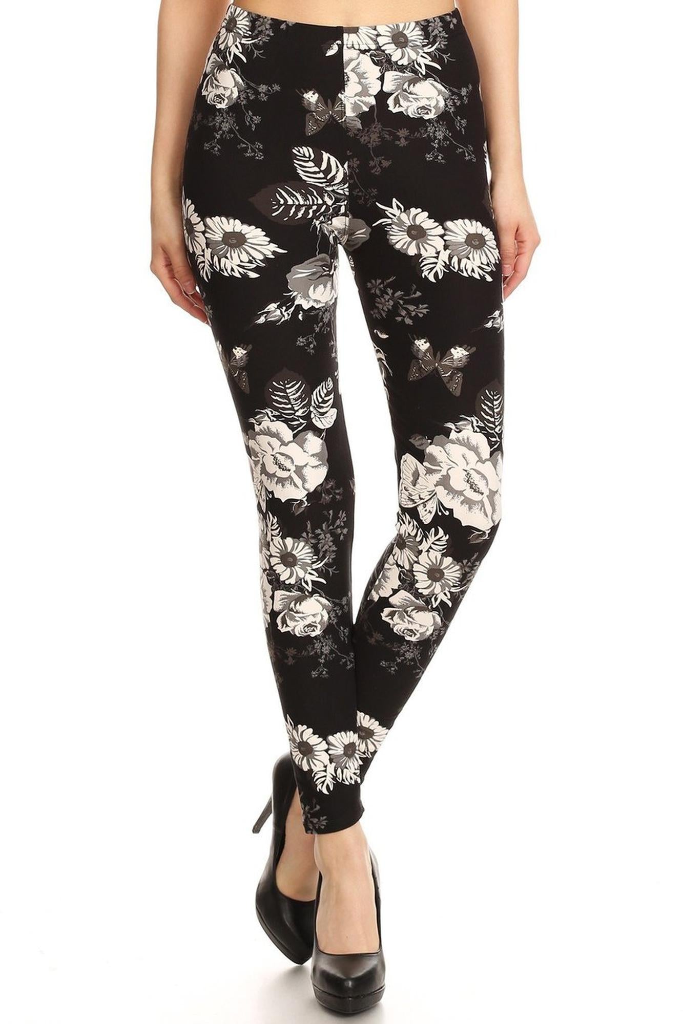 Buttery Monochrome Floral Terrace Leggings (One Size Regular,Black)