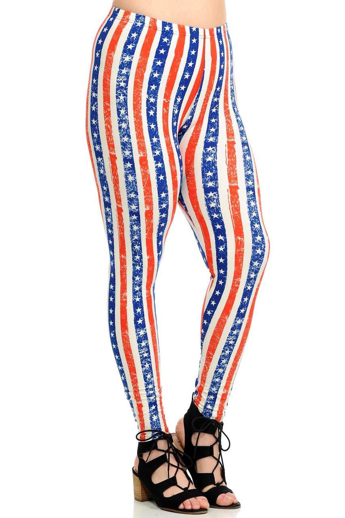 Buttery Soft Plus Size Vertical Stars and Stripes Leggings (One Size Plus,Multi Color Bold)