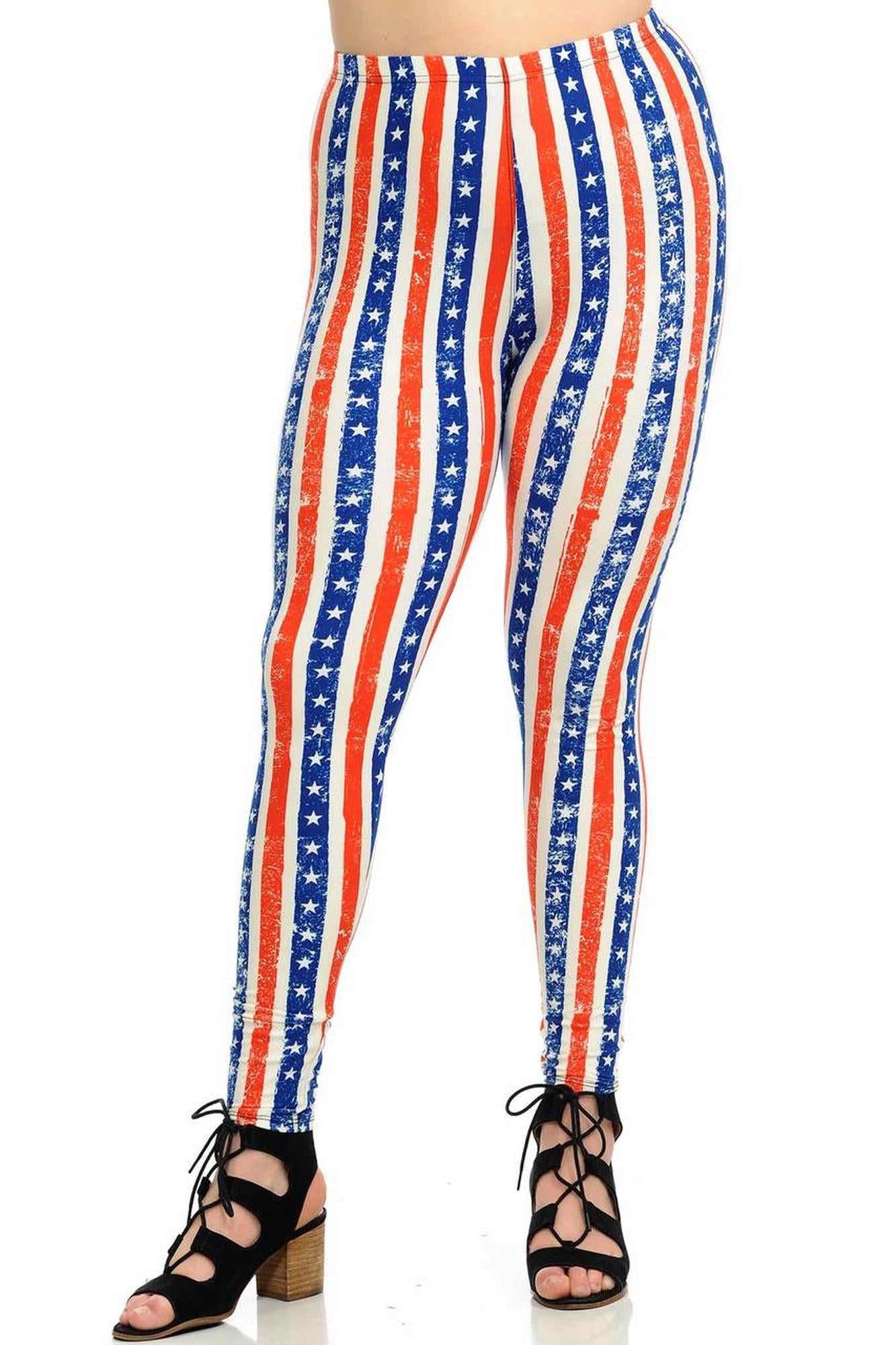 Buttery Soft Plus Size Vertical Stars and Stripes Leggings (One Size Plus,Multi Color Bold)
