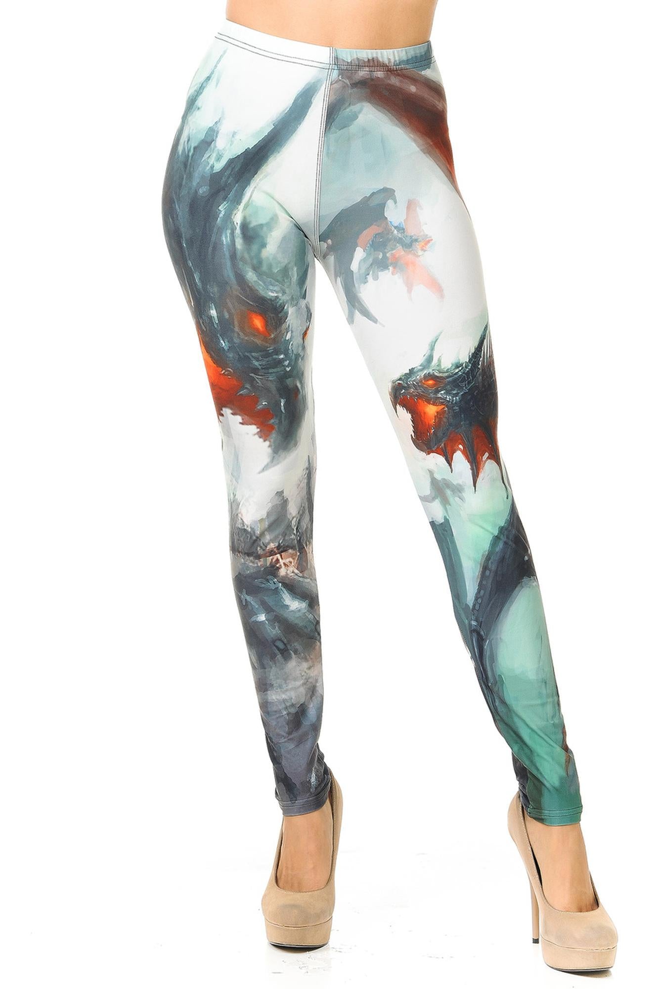 Creamy Soft Feral Dragons Leggings (One Size Regular,Ivory)