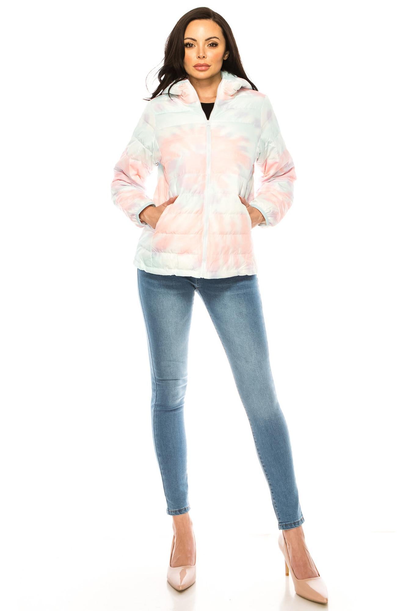 Women's Coral & Teal Swirl Winter Puffer Down Jacket (One Size Regular,Coral)