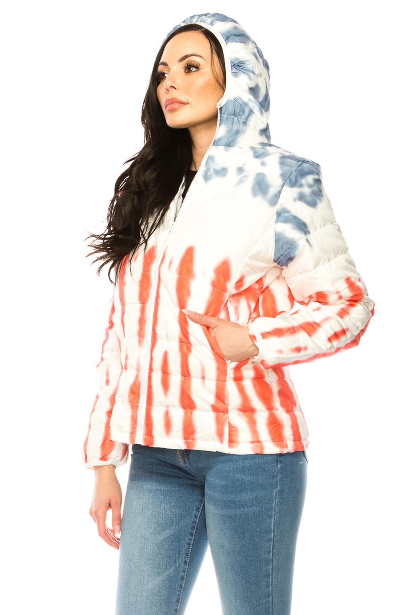 Women's Red White & Blue Daub Winter Puffer Down Jacket (One Size Regular,Red)