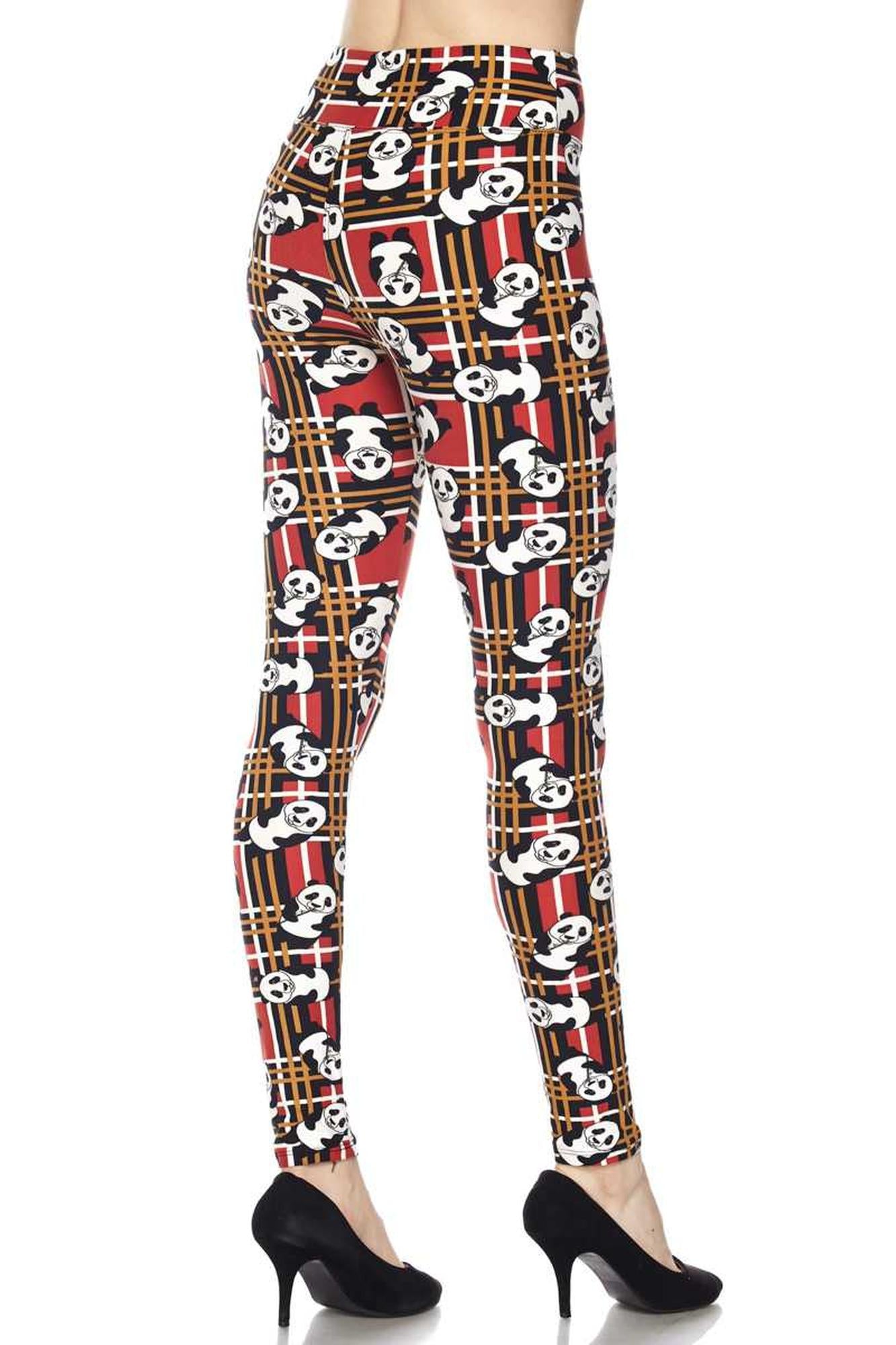 Buttery Soft Plaid Panda High Waisted Leggings (One Size Regular,Red)
