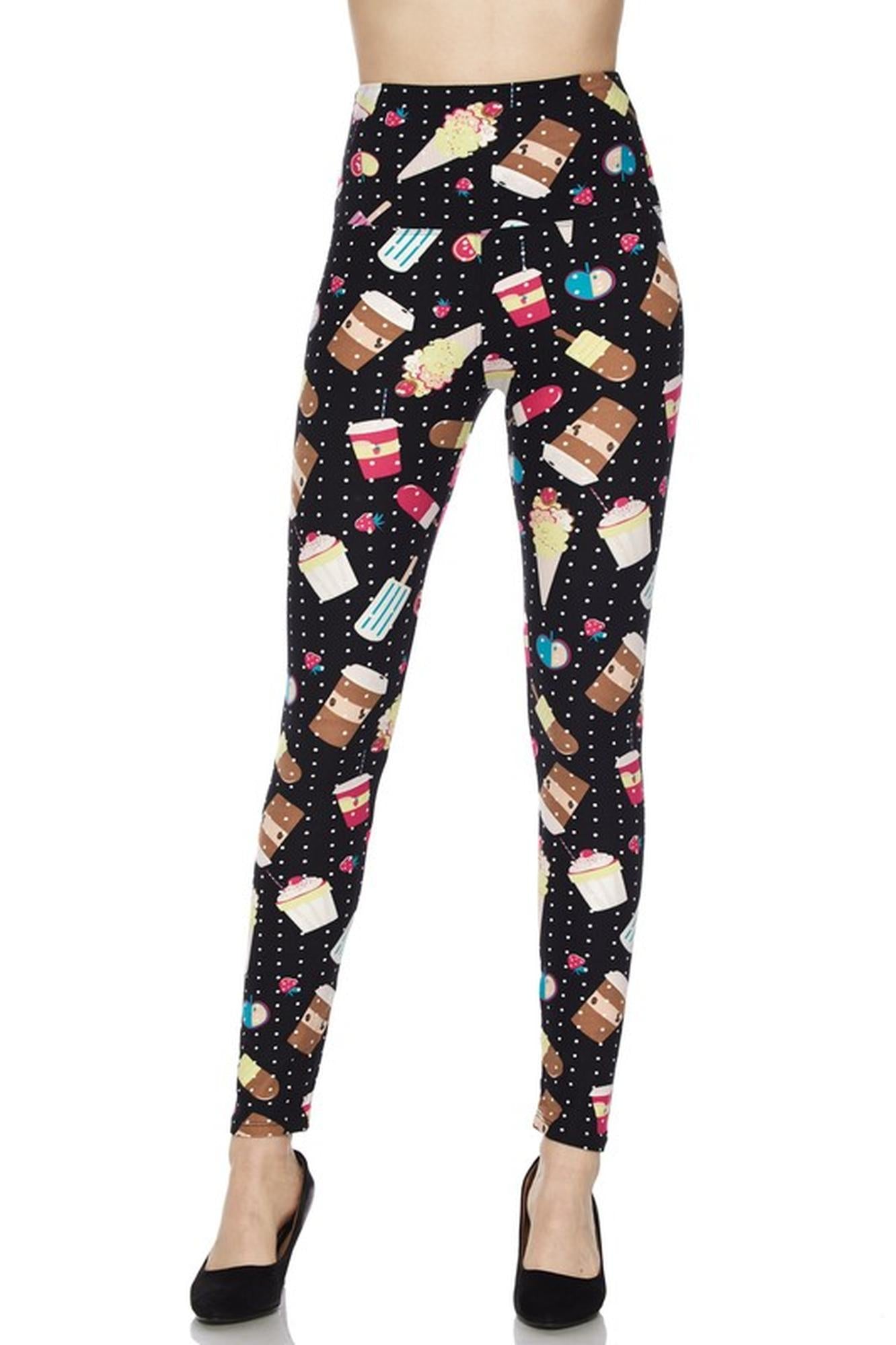 Buttery Soft Summer Treats High Waisted Plus Size Leggings - White Mini Dots (One Size Plus,Black)