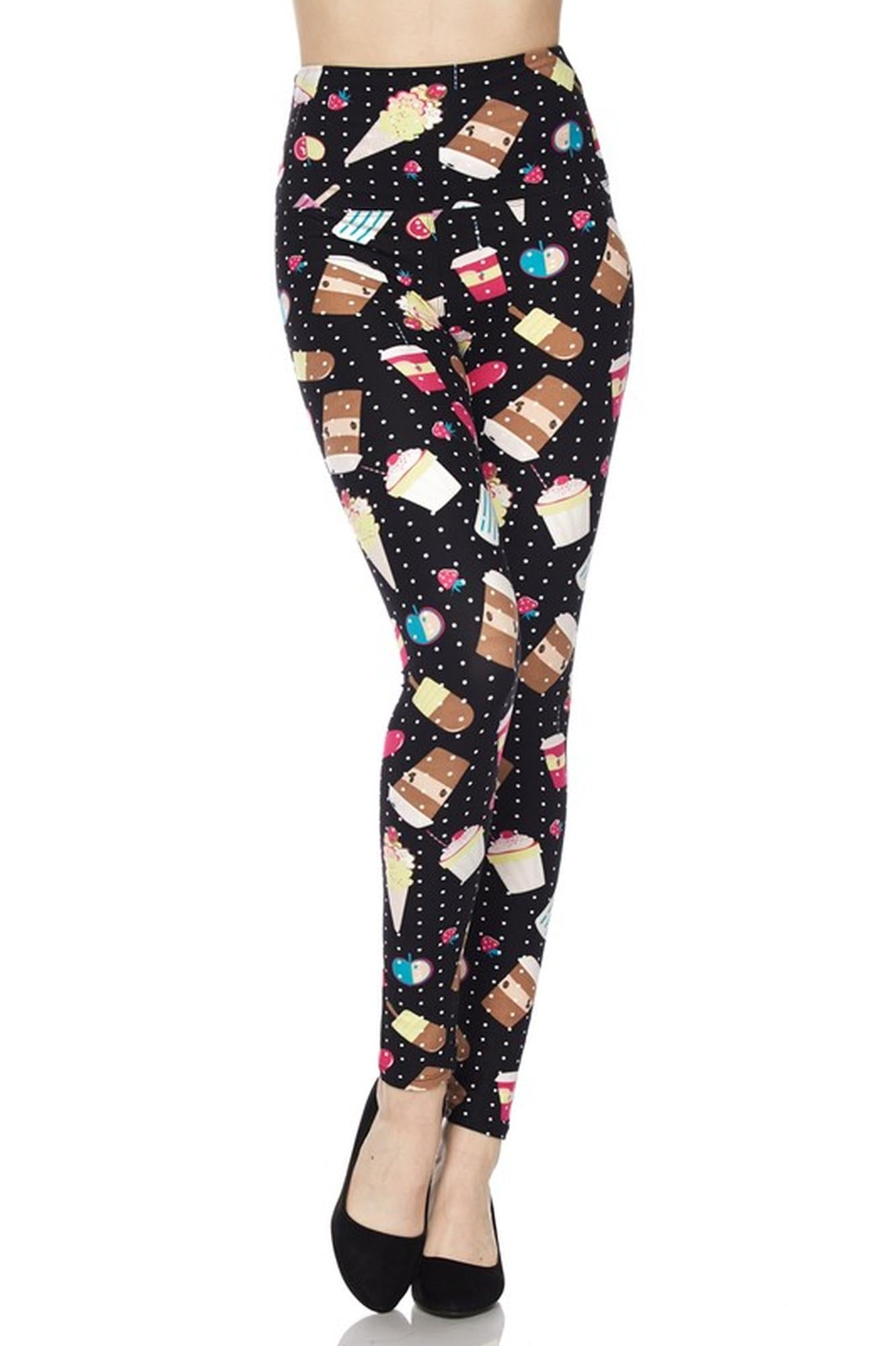 Buttery Soft Summer Treats High Waisted Plus Size Leggings - White Mini Dots (One Size Plus,Black)