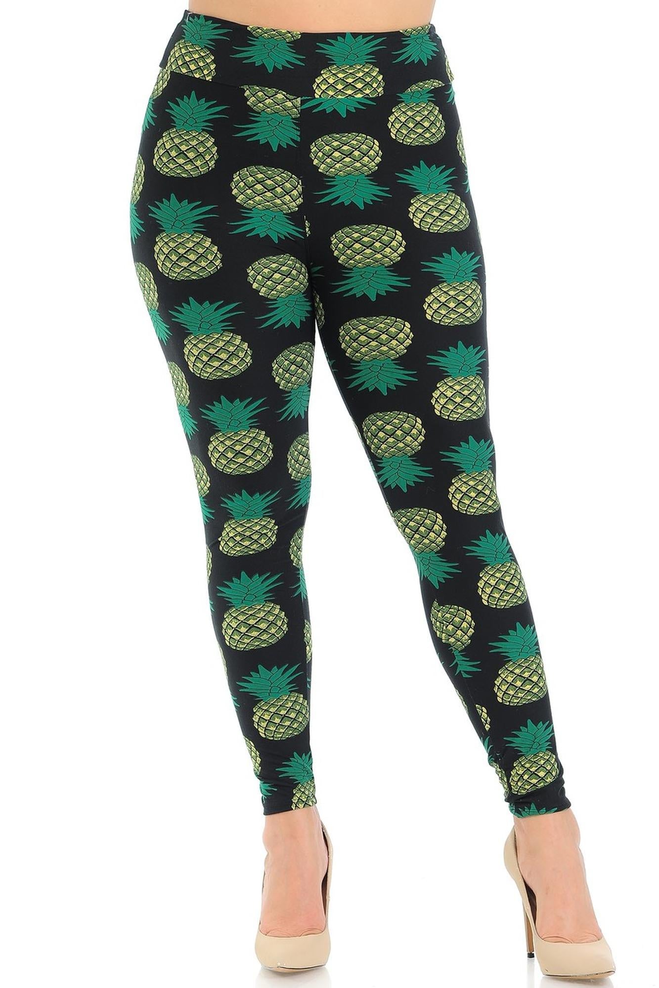 Buttery Soft Green Pineapple High Waisted Plus Size Leggings - EEVEE (One Size Plus,Green)