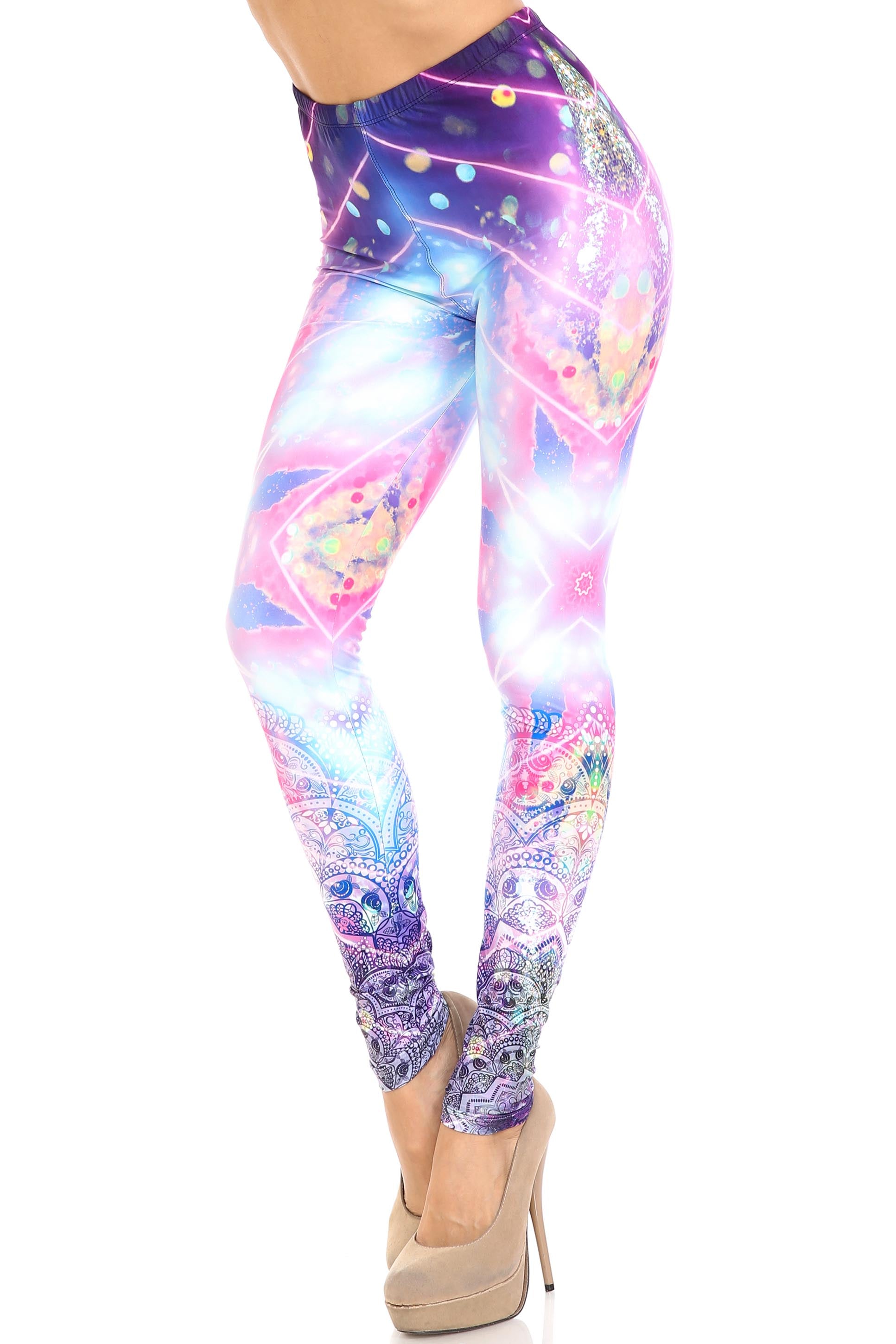 Creamy Soft Purple Mandala Lights Leggings - By USA Fashion (One Size Regular,Purple)