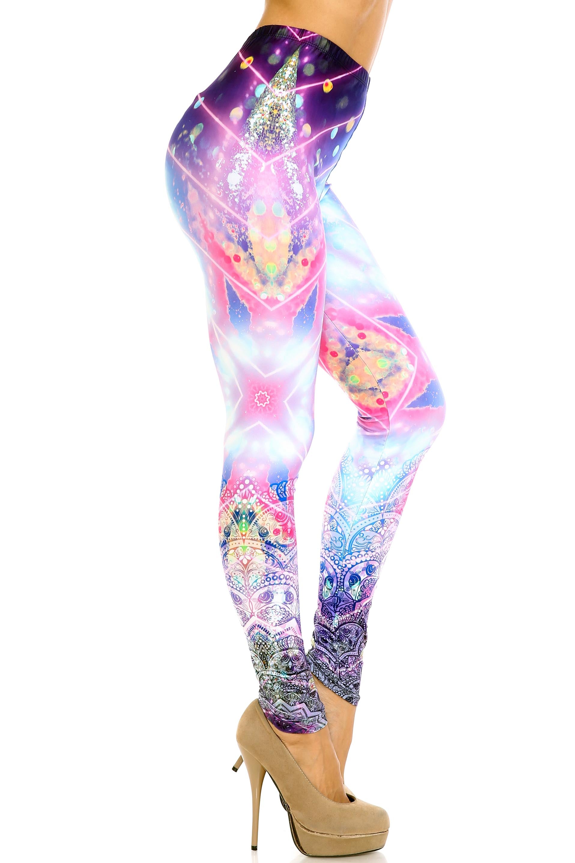 Creamy Soft Purple Mandala Lights Leggings - By USA Fashion (One Size Regular,Purple)