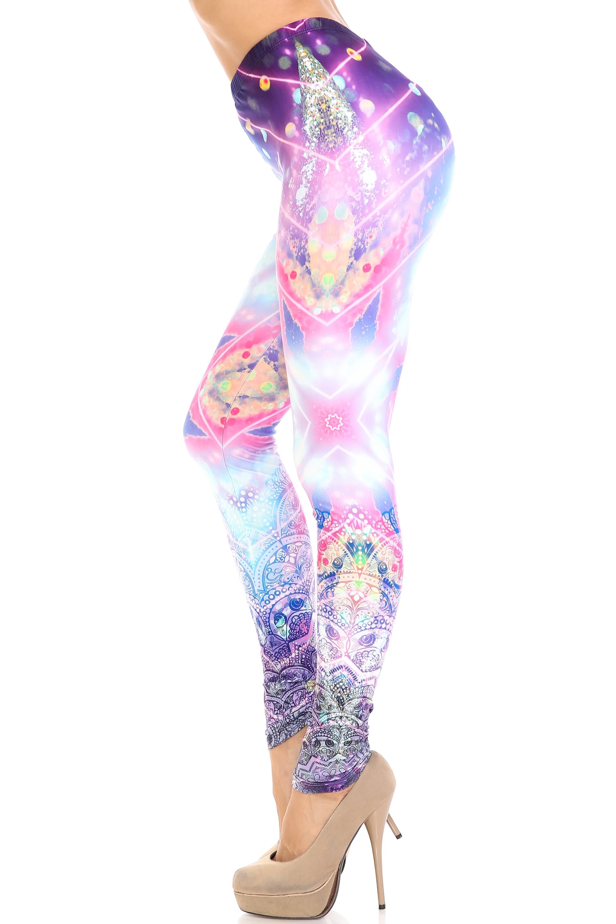Creamy Soft Purple Mandala Lights Leggings - By USA Fashion (One Size Regular,Purple)