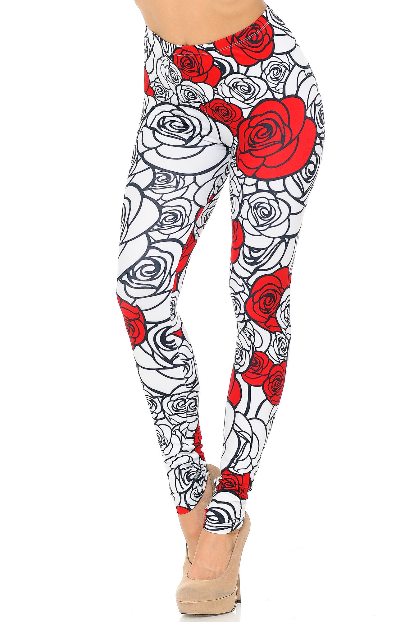 Creamy Soft Red Stencil Roses Leggings - USA Fashion (One Size Regular,White)