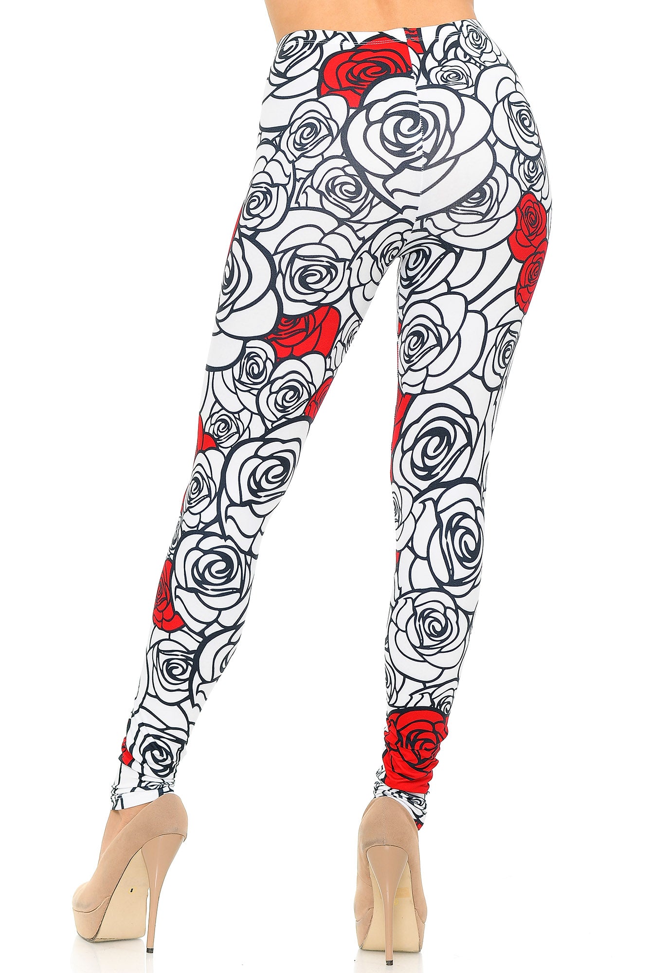 Creamy Soft Red Stencil Roses Leggings - USA Fashion (One Size Regular,White)