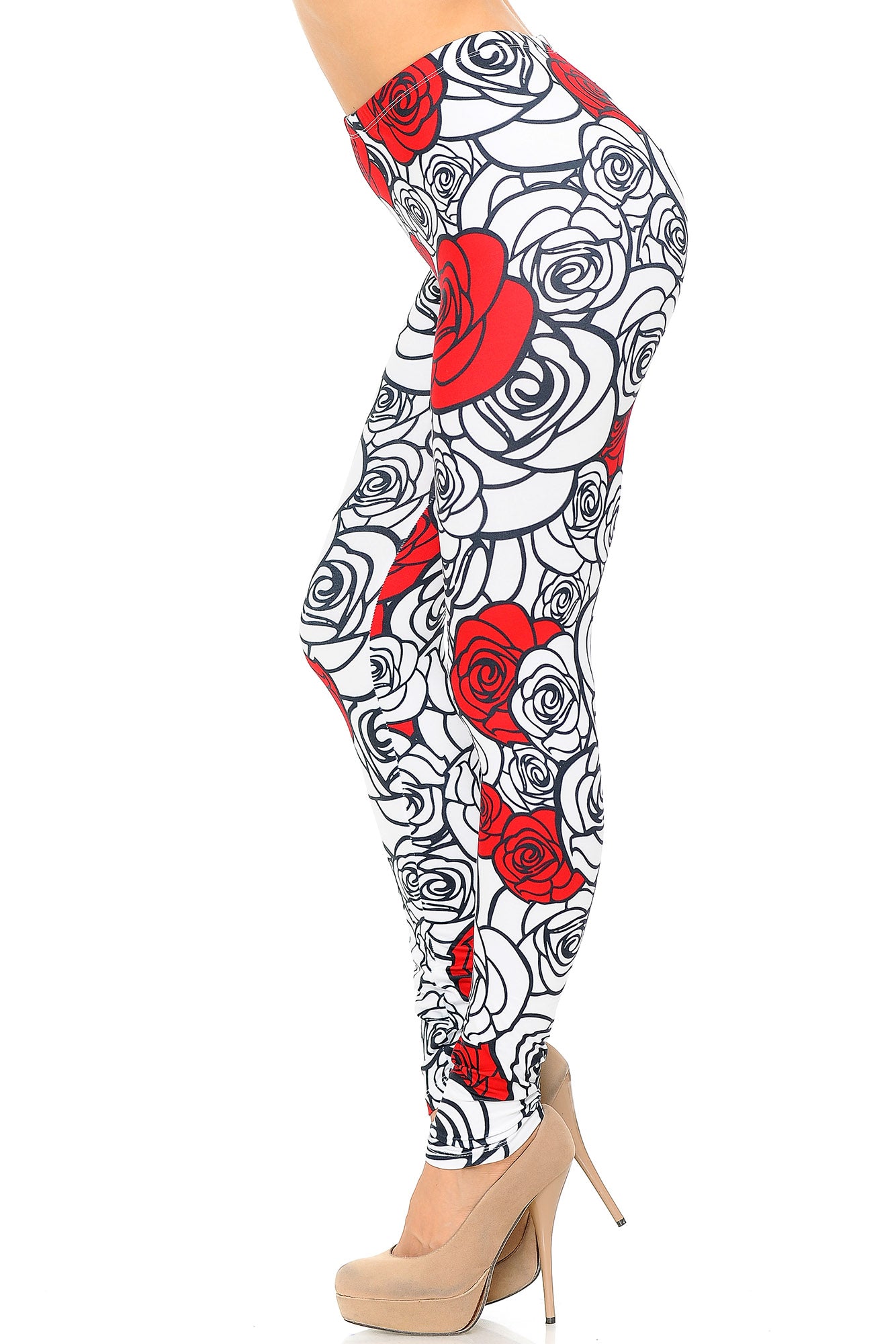 Creamy Soft Red Stencil Roses Leggings - USA Fashion (One Size Regular,White)