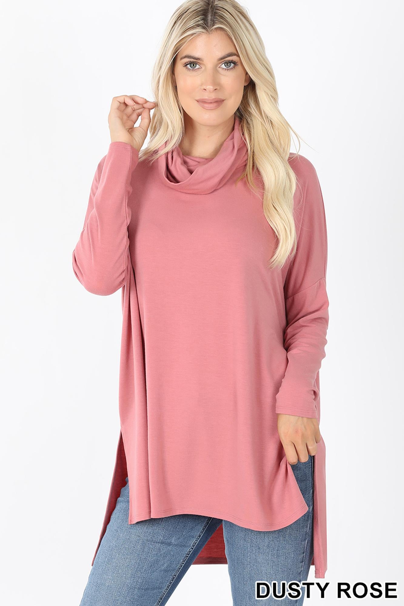 Cowl Neck Hi-Low Long Sleeve Plus Size Top