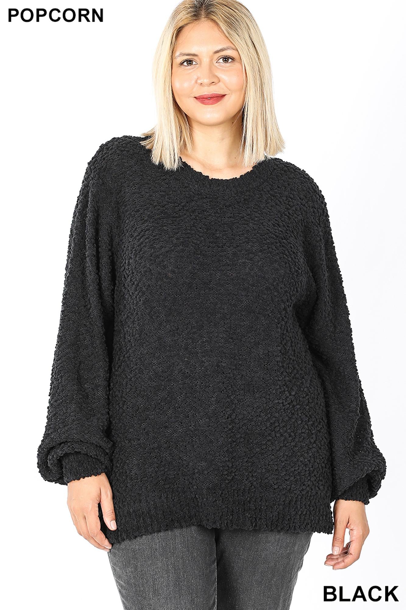 Popcorn Balloon Sleeve Round Neck Plus Size Pullover Sweater