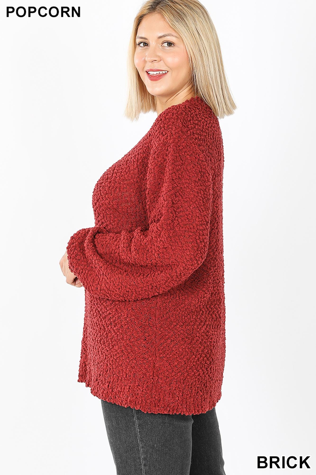 Popcorn Balloon Sleeve Round Neck Plus Size Pullover Sweater