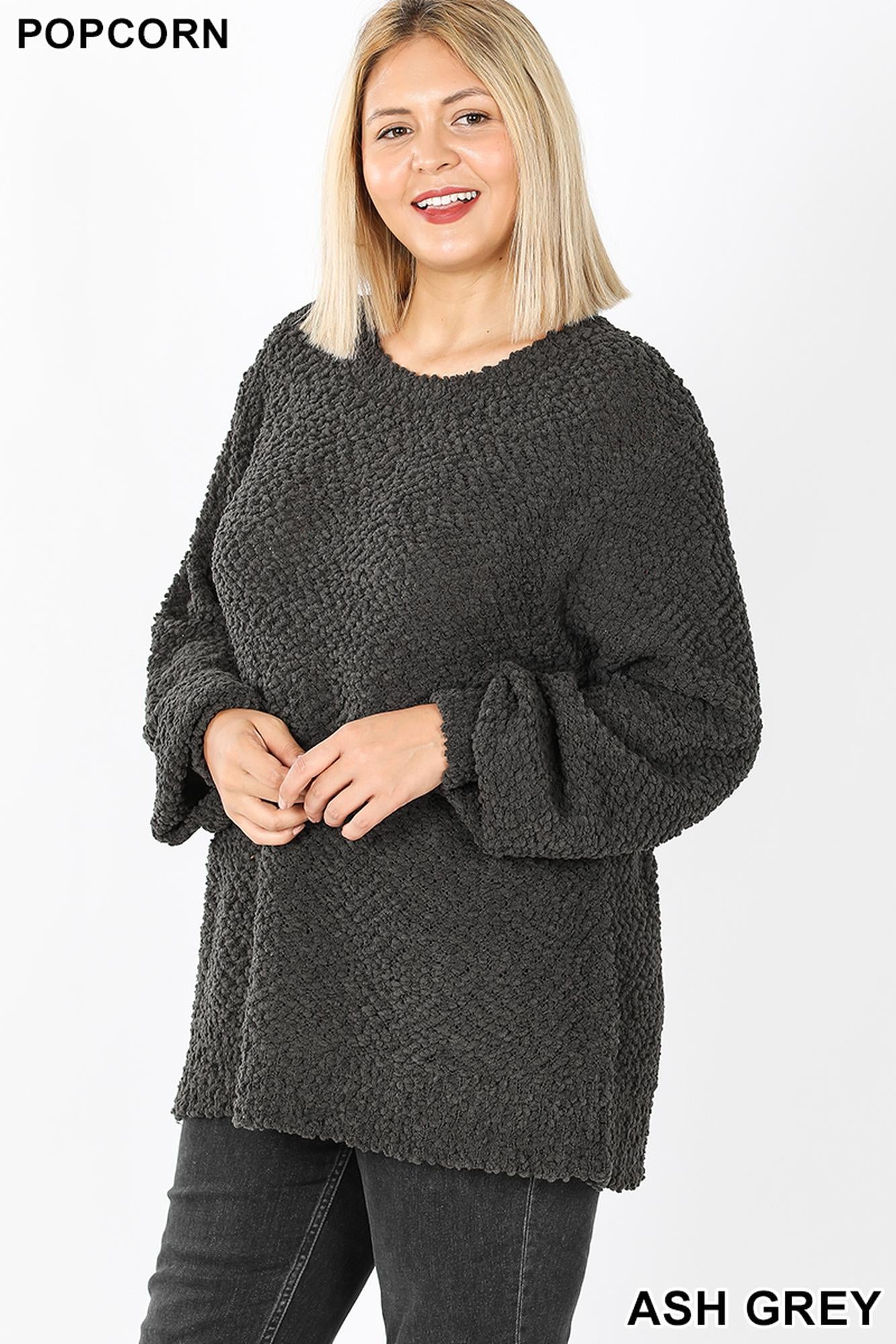 Popcorn Balloon Sleeve Round Neck Plus Size Pullover Sweater