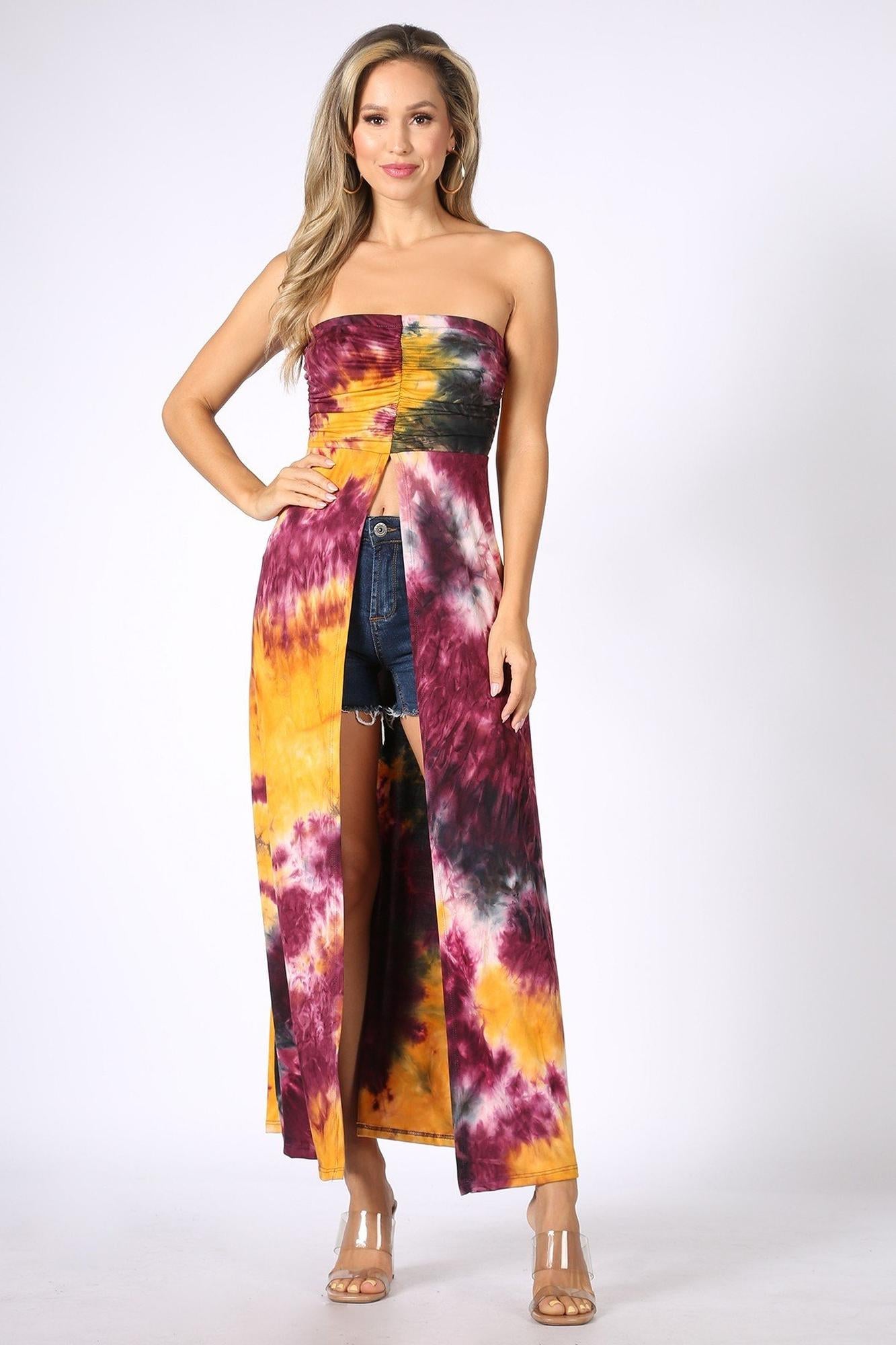 Tie Dye Ruched Split Front Maxi Duster Tube Top