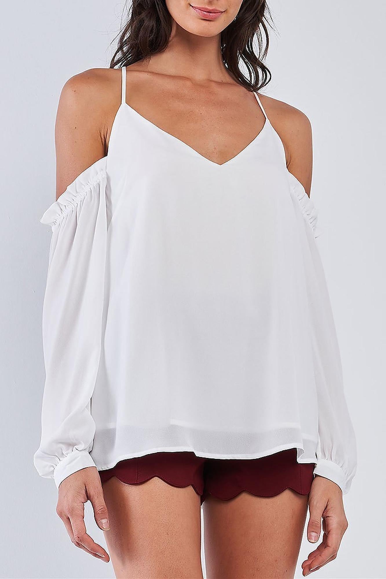 White Off the Shoulder Bubble Sleeve V-Neck Top