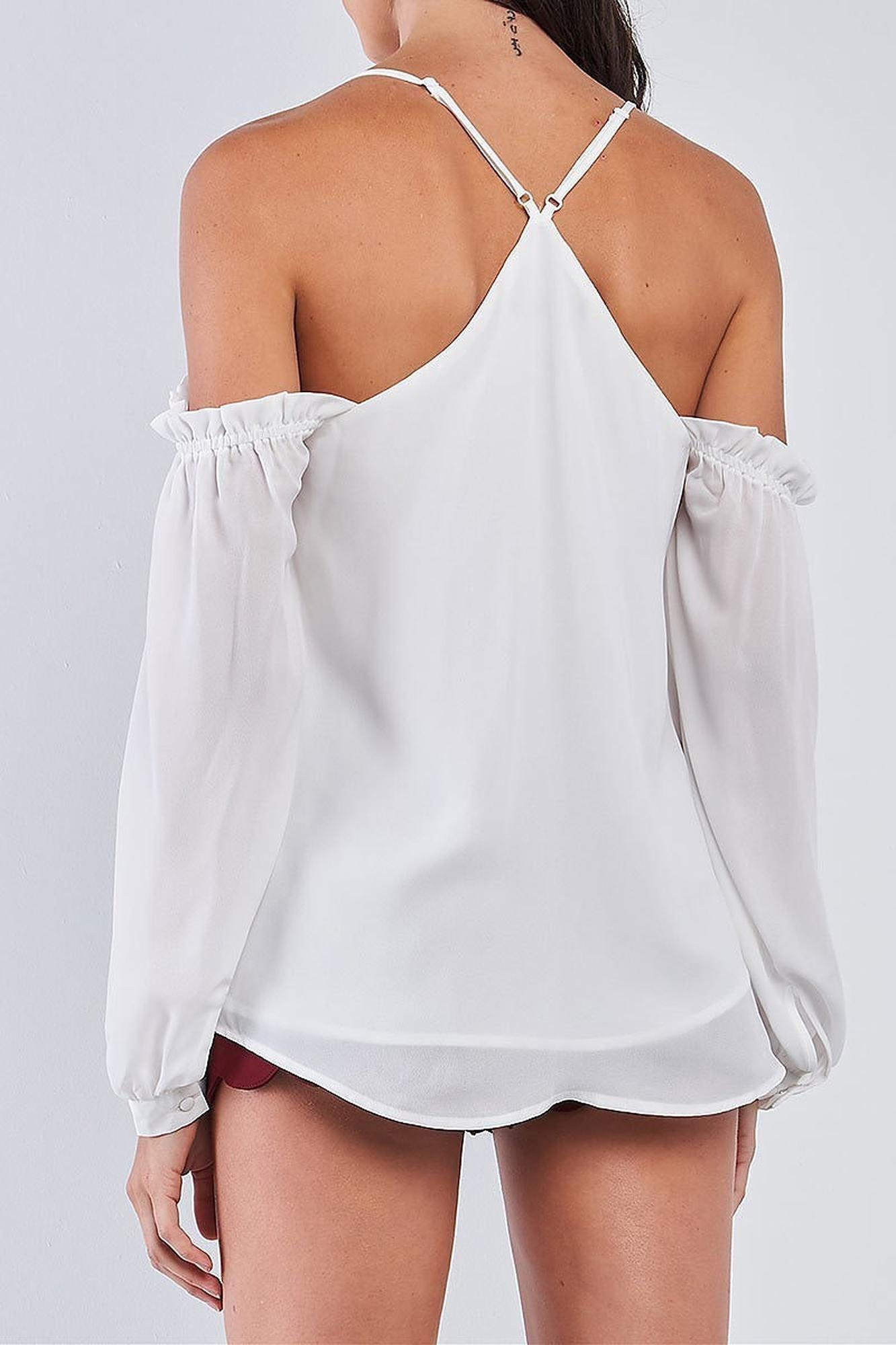 White Off the Shoulder Bubble Sleeve V-Neck Top