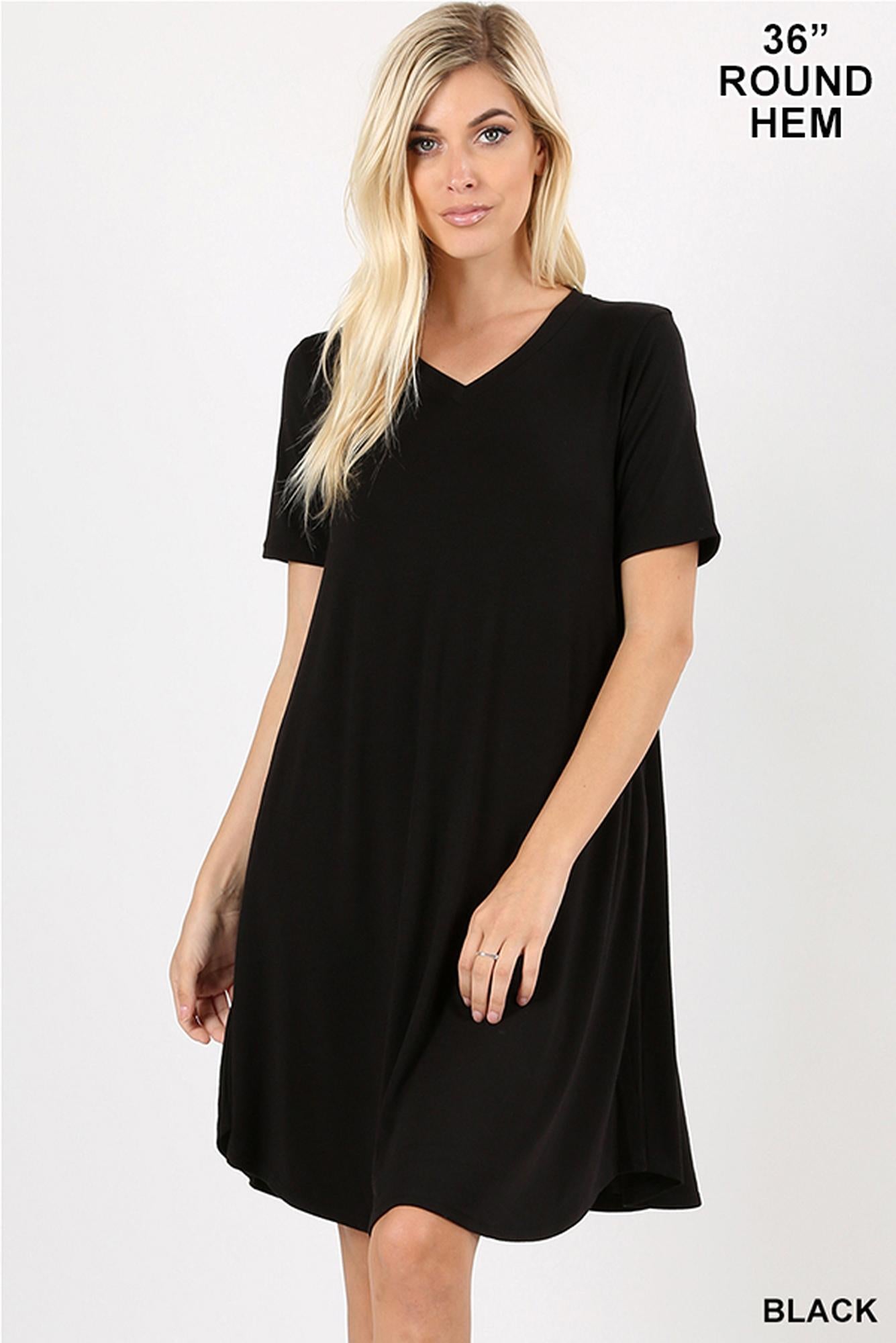 V-Neck Round Hem Short Sleeve Rayon Top with Pockets - 36 Inch Length