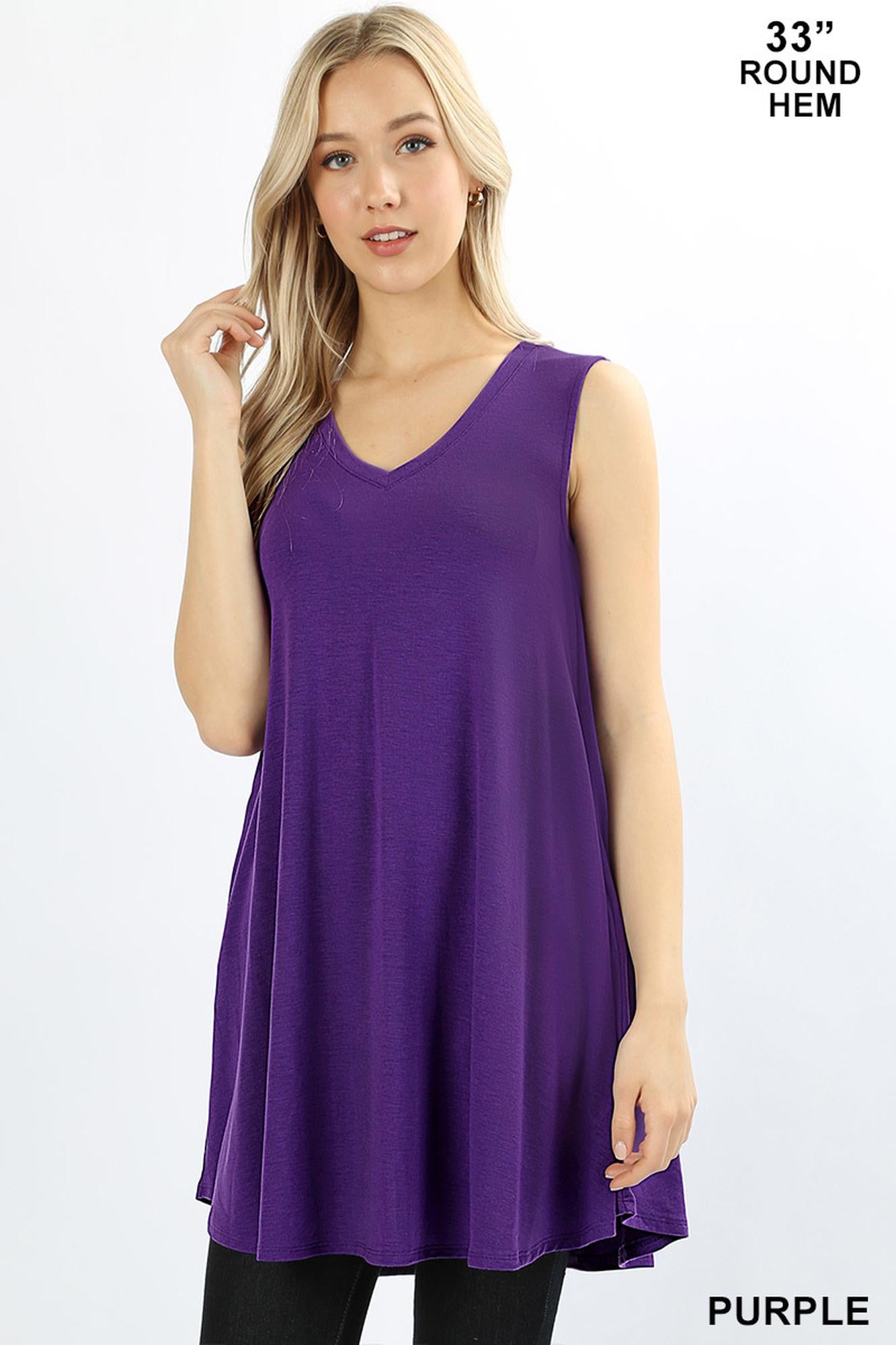 V-Neck Round Hem Short Sleeve Rayon Top with Pockets - 36 Inch Length